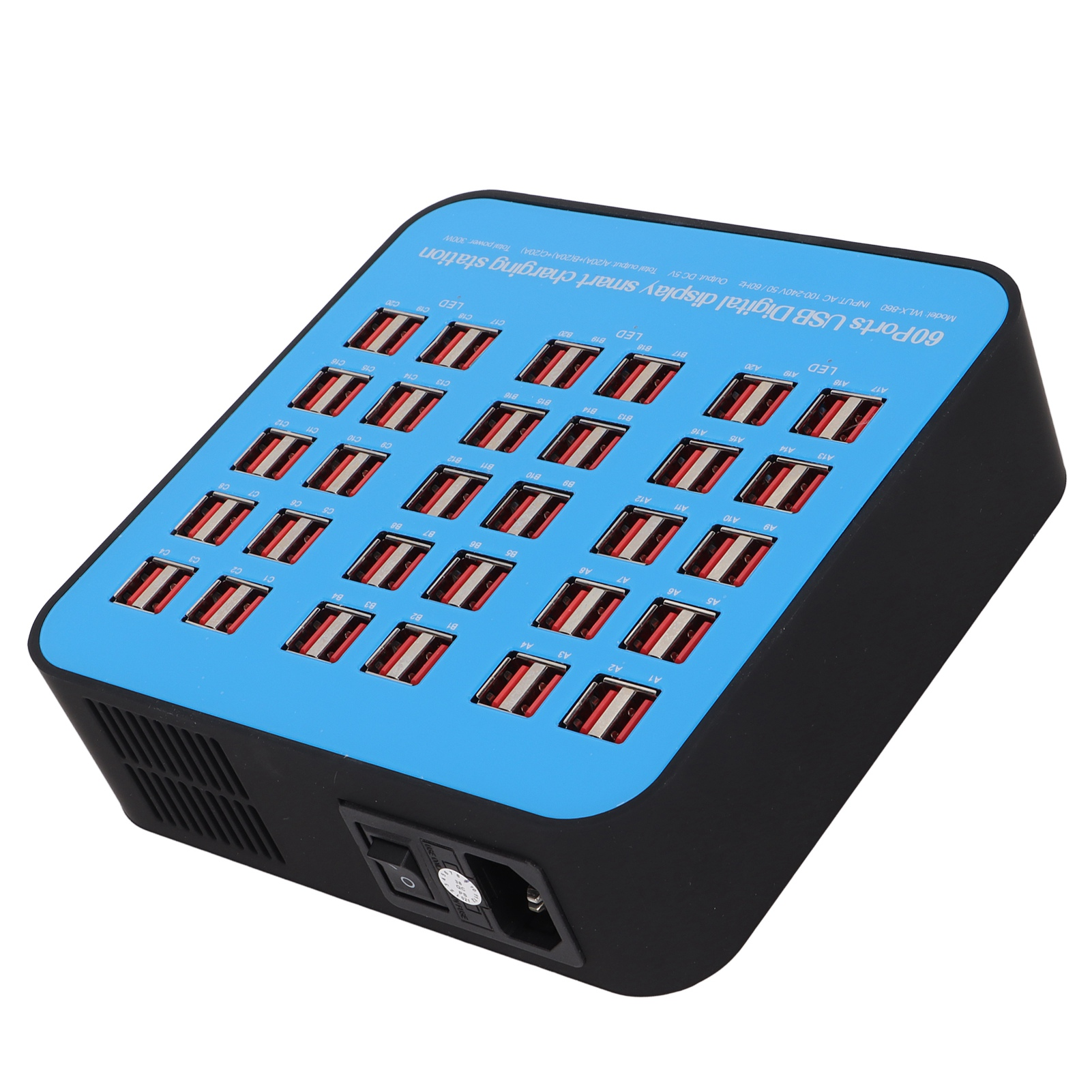 Eine schwarz-blaue 60-Port-USB-Ladestation, gefüllt mit roten USB-Anschlüssen.