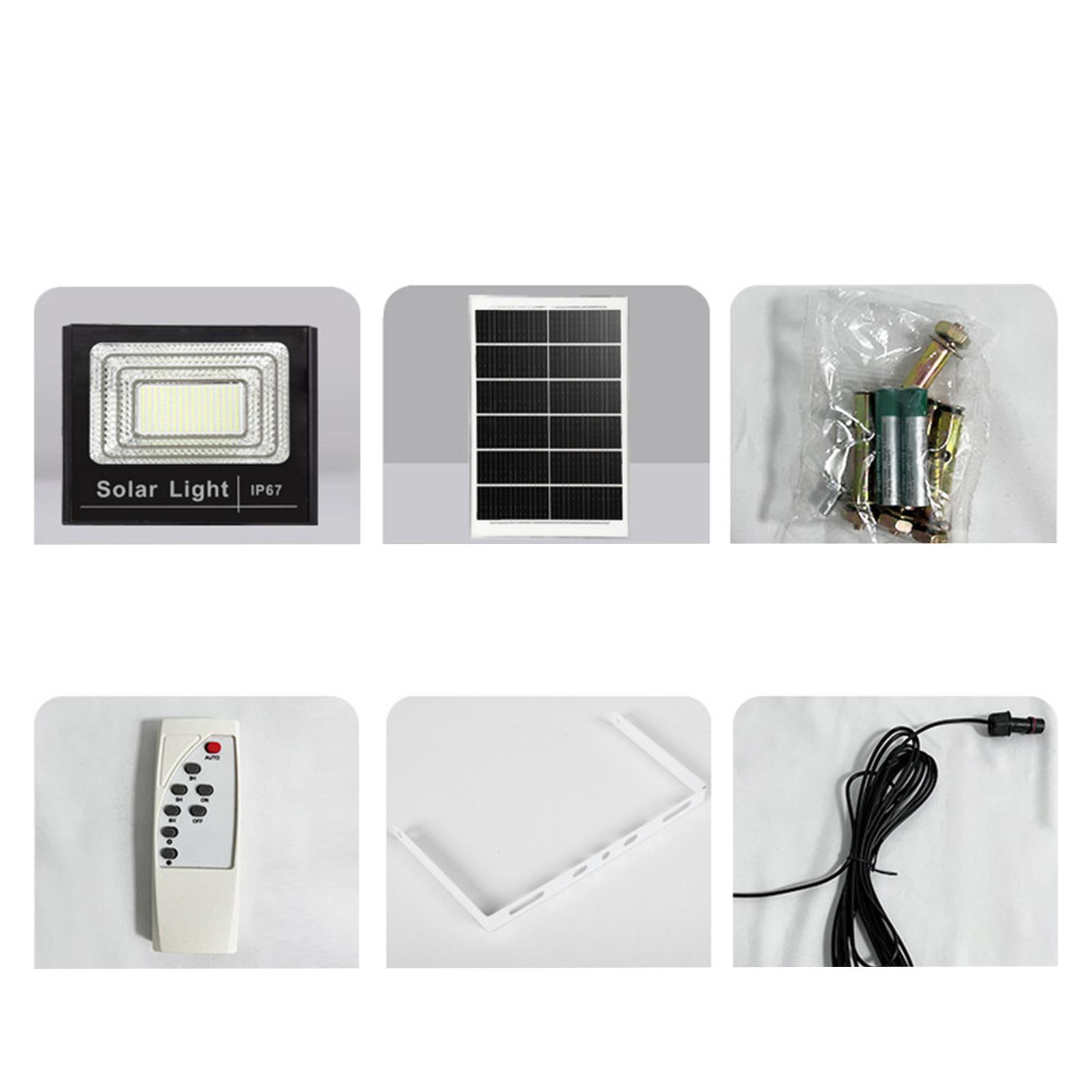 Komponenten eines Solarlichtsystems: Licht, Panel, Halterung, Fernbedienung und ein Verbindungskabel.