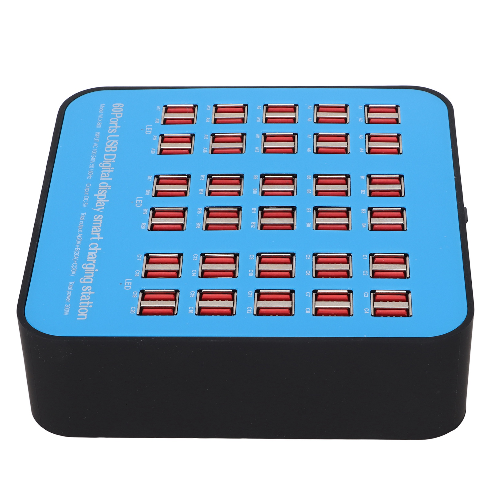 Eine 60-Port-USB-Ladestation mit blauem Oberteil und schwarzen Seiten, gefüllt mit roten USB-Anschlüssen.
