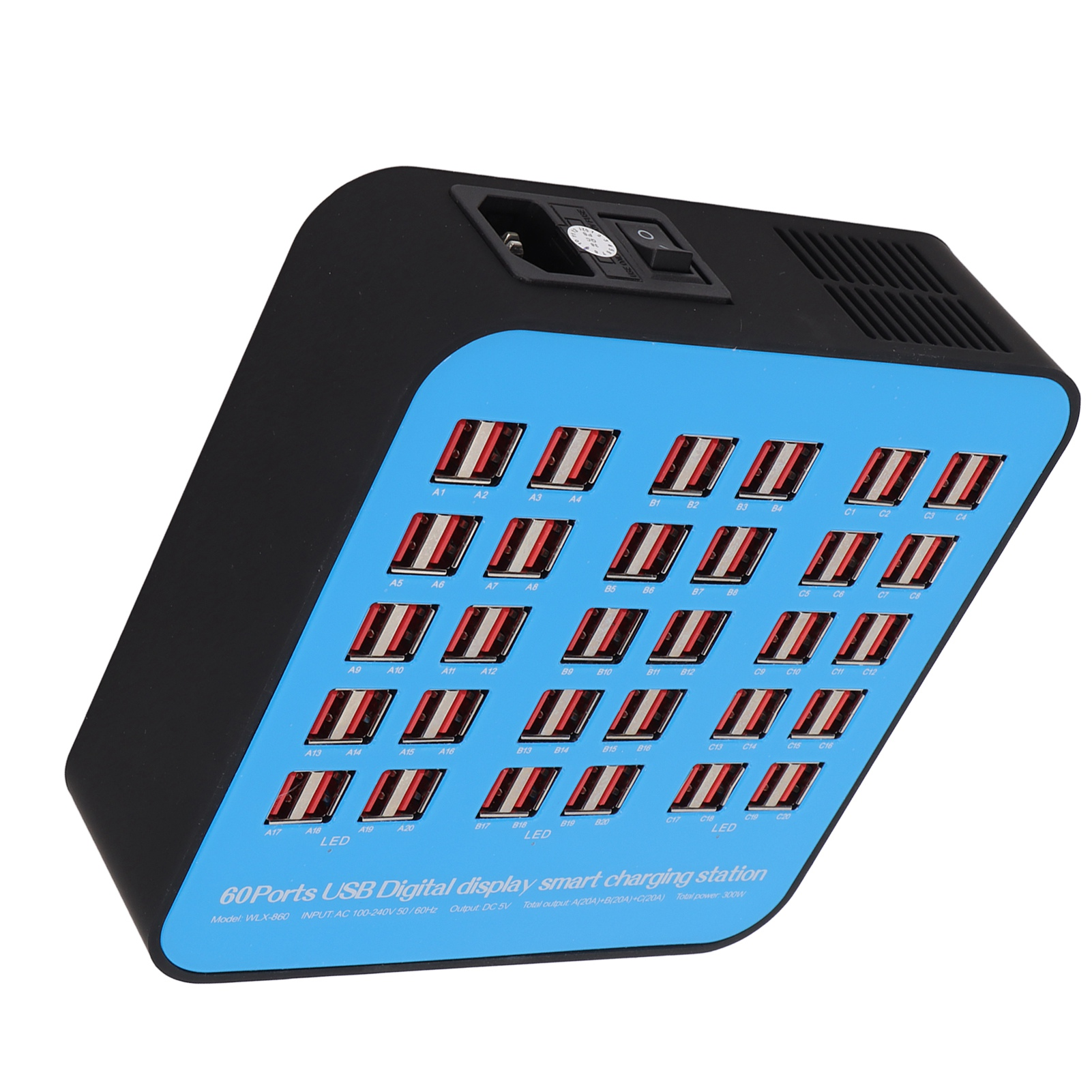 Blaue und schwarze USB-Ladestation mit mehreren Anschlüssen zum Aufladen verschiedener Geräte.
