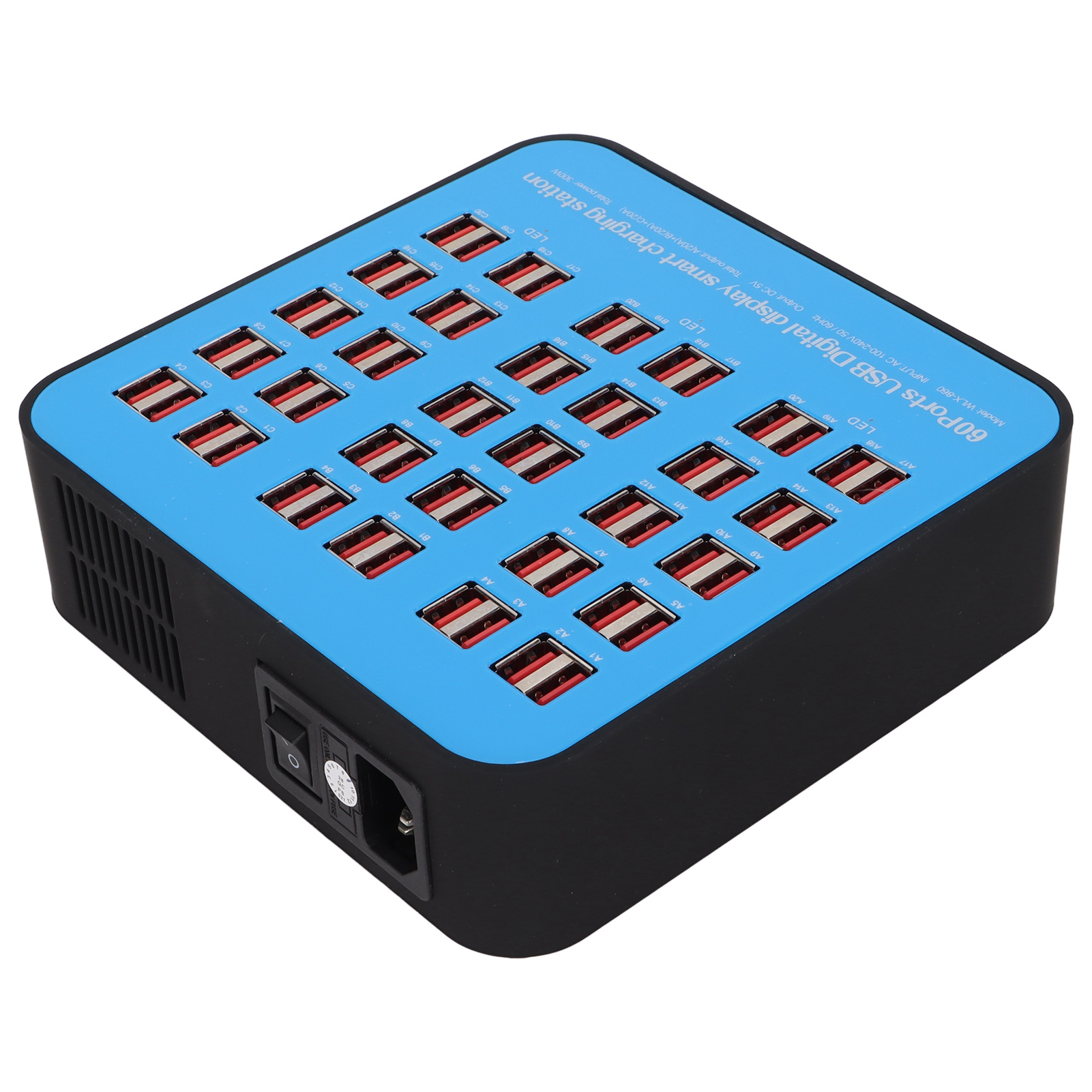 Eine 60-Port-USB-Ladestation mit blauem Oberteil und schwarzen Seiten. Netzschalter und Steckdose sind sichtbar.
