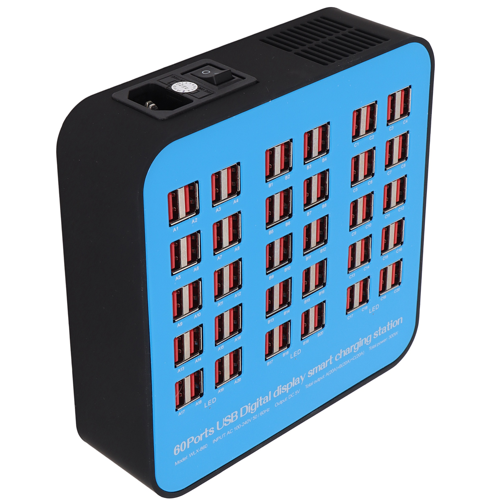 Eine Draufsicht auf eine 60-Port-USB-Ladestation. Sie ist blau und schwarz. Zeigt die USB-Anschlüsse.
