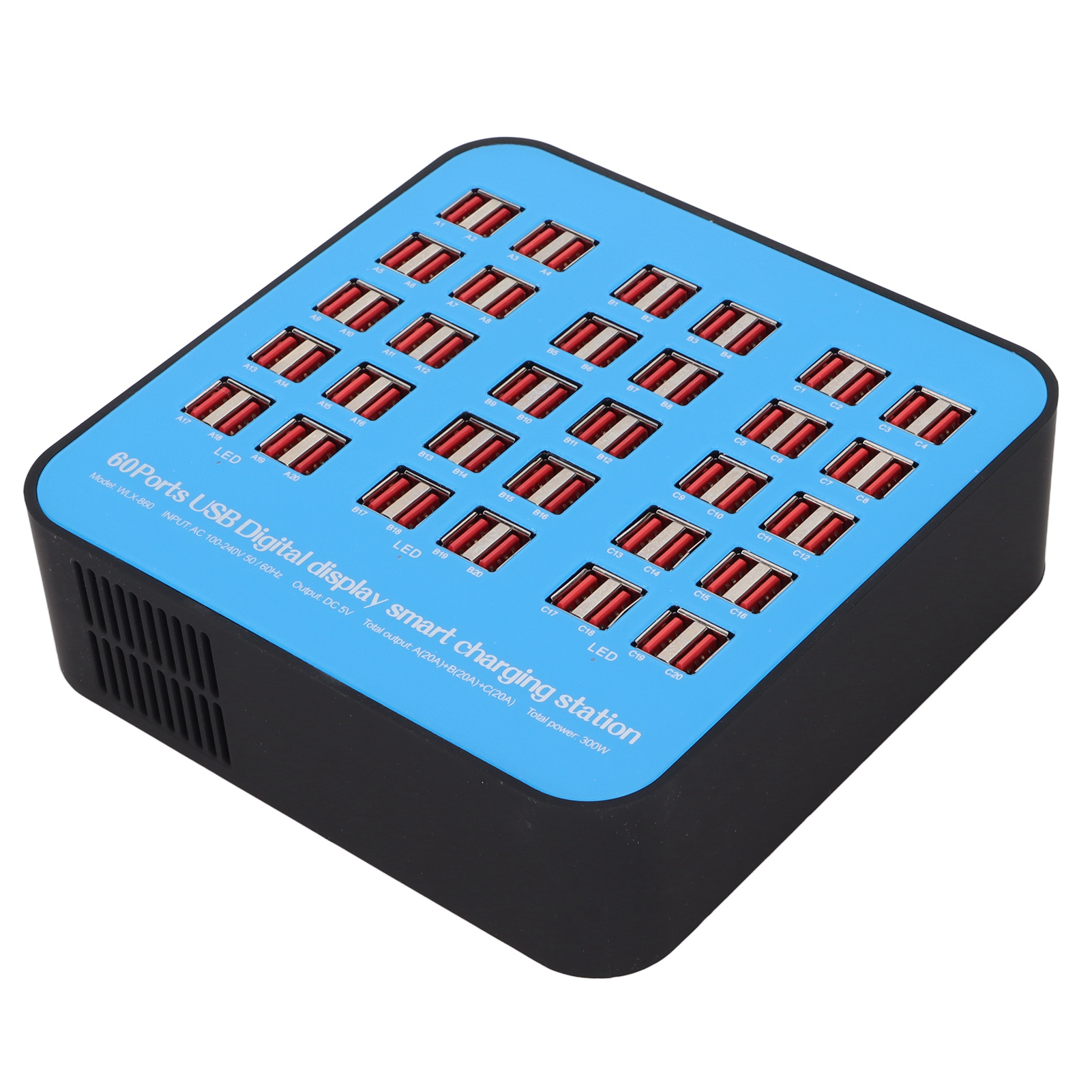 Eine 60-Port-USB-Ladestation mit blauem Oberteil und schwarzen Seiten, gefüllt mit roten USB-Anschlüssen.