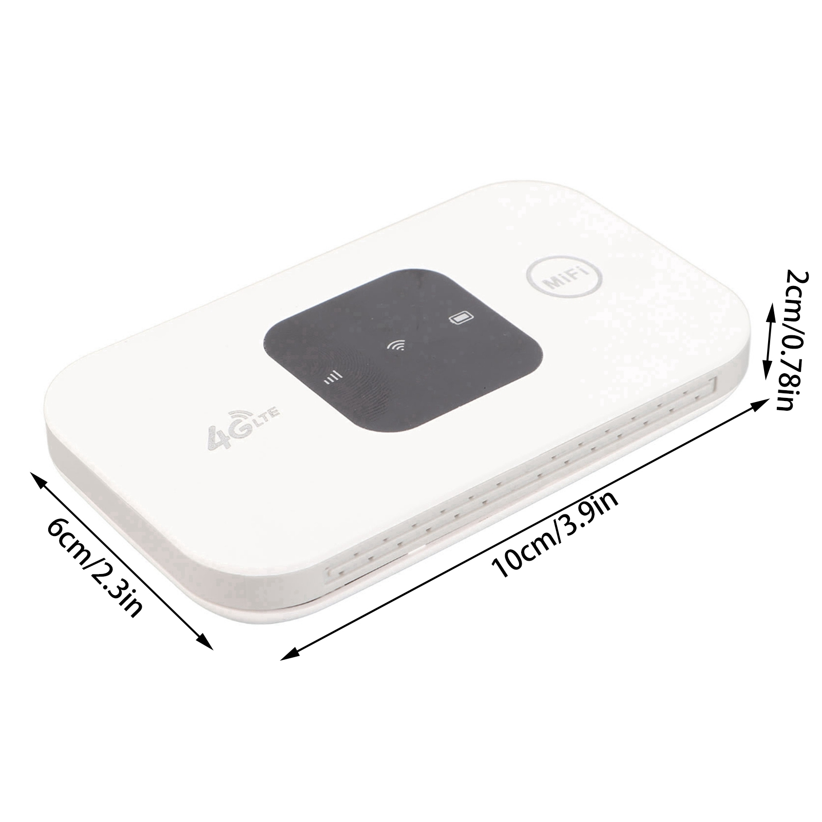 Weißer 4G LTE WLAN-Router mit Abmessungen. Das Gerät hat einen schwarzen Bildschirm und Text.