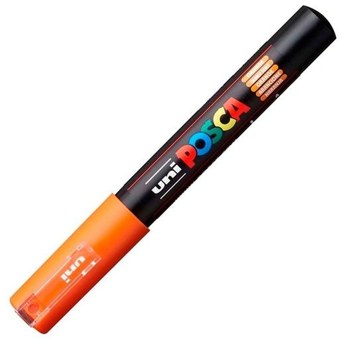 Oranger Posca-Marker. Schwarzer Körper, orange Spitze. Weißer Hintergrund. Text „x6“ in der Ecke.