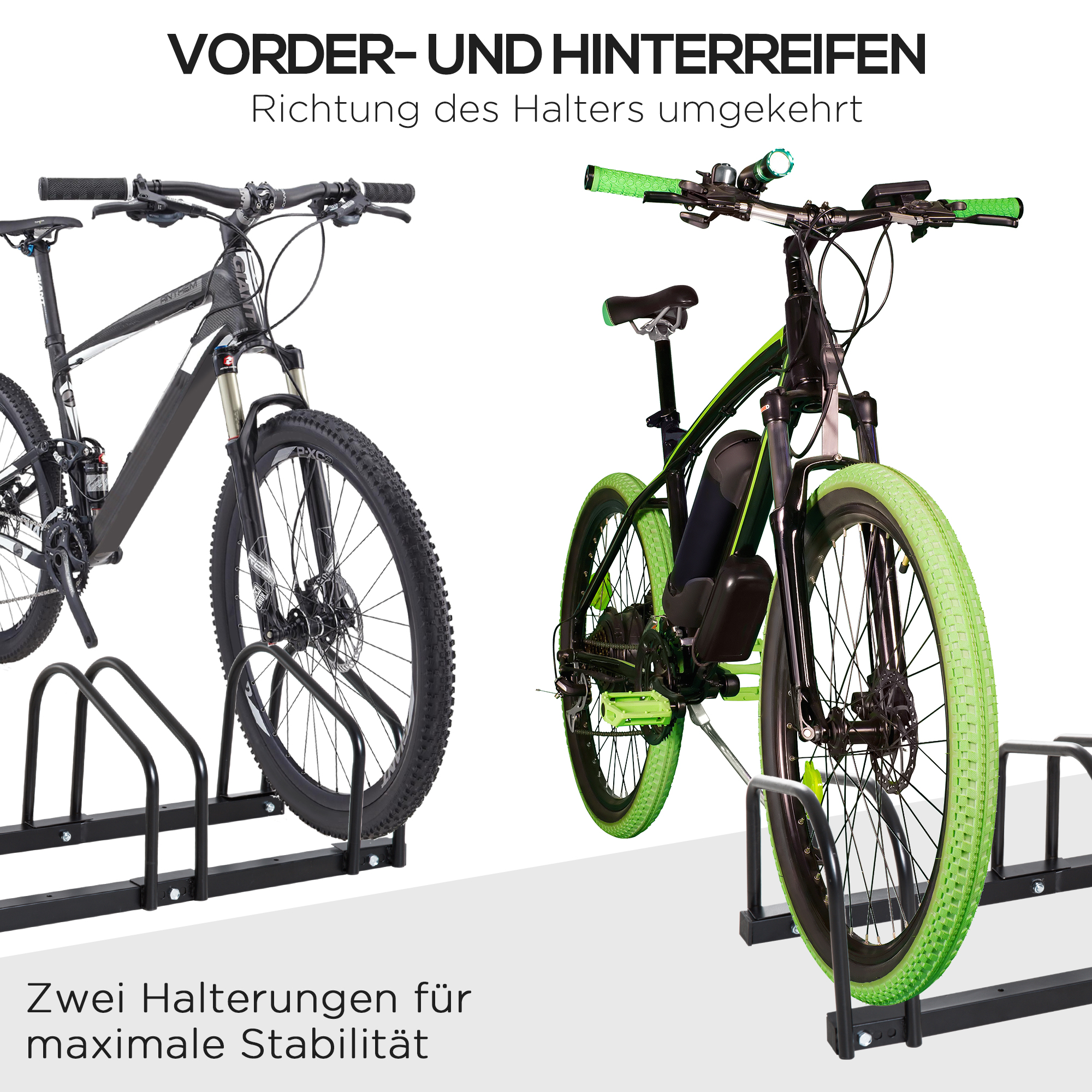 Zwei Fahrräder auf einem Ständer. Eins schwarz, eins grün. Text: Vorder- und Hinterreifen. Zwei Halter.
