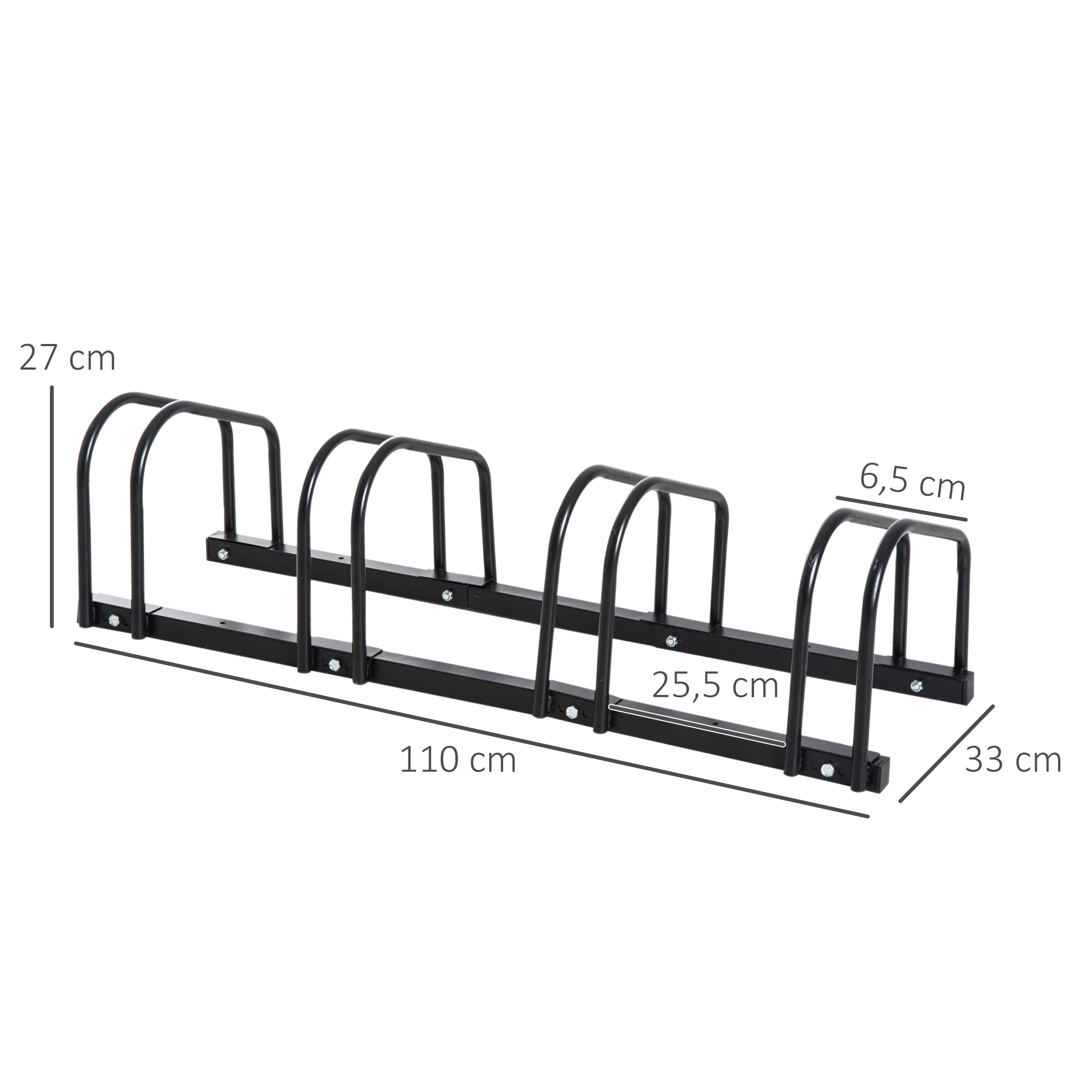 Schwarzer Metall-Fahrradständer auf weißem Hintergrund. Abmessungen sind auf dem Ständer angegeben.