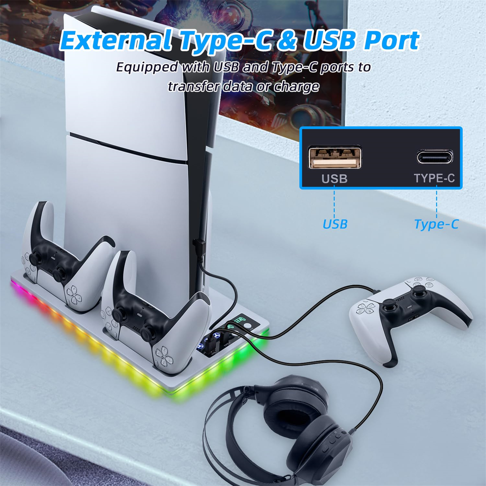 Weiße Spielekonsole, Ladestation, Controller, Kopfhörer und USB/Typ-C-Anschlüsse.