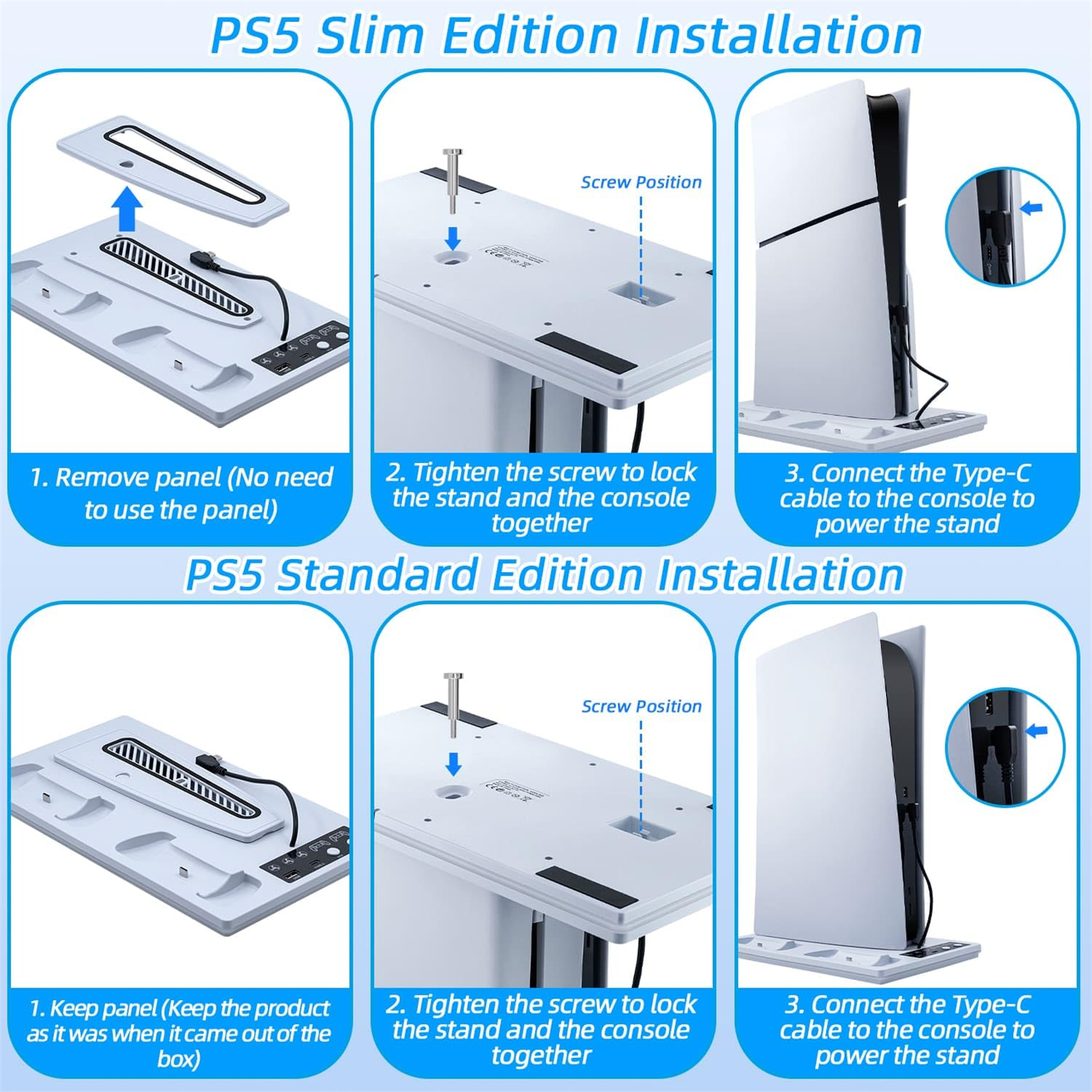 Anweisungen zur Installation einer PS5 Slim- oder Standard Edition-Konsole. Die Schritte sind nummeriert und illustriert.
