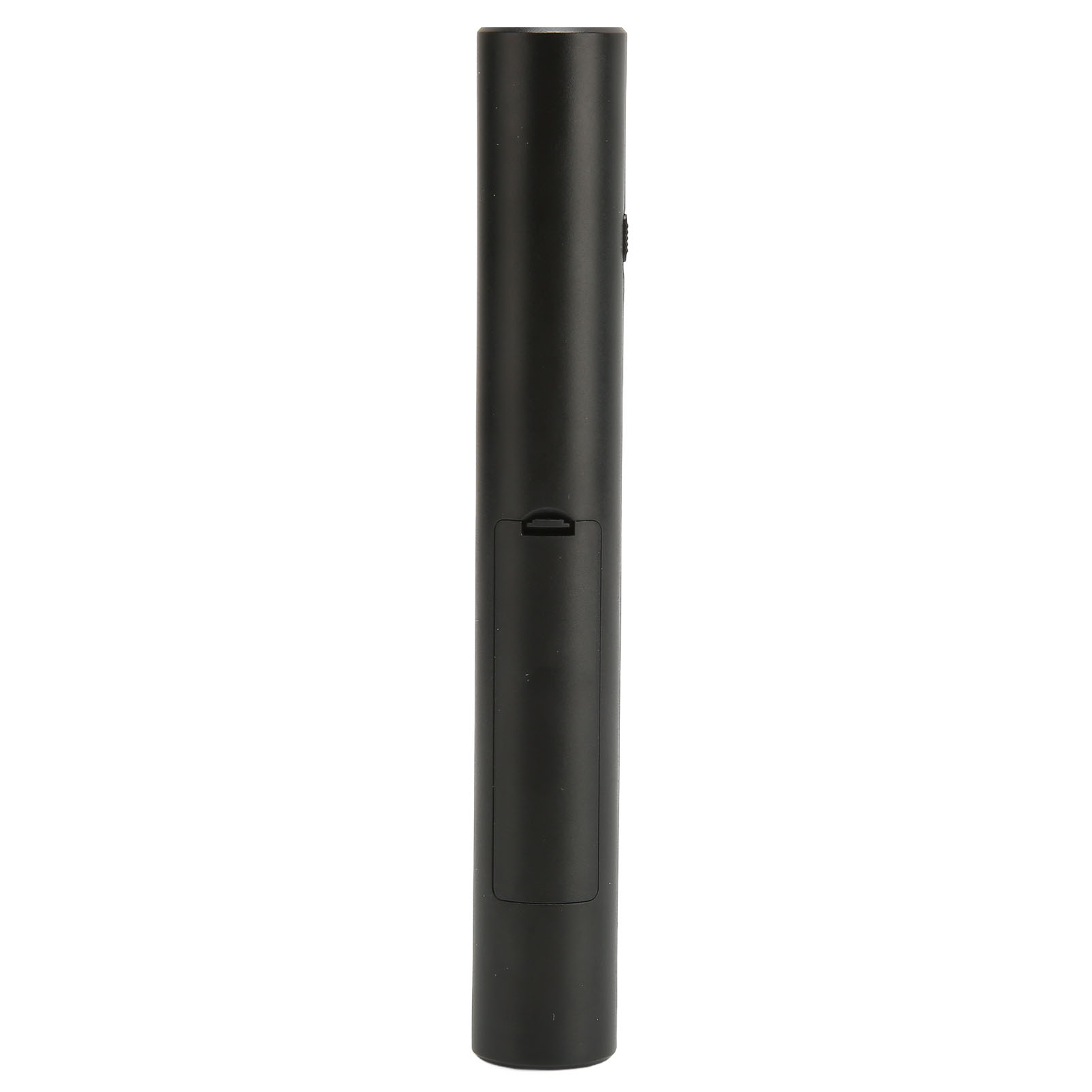 Schwarze Fernbedienung, Rückansicht, mit rechteckigem Batteriefach.