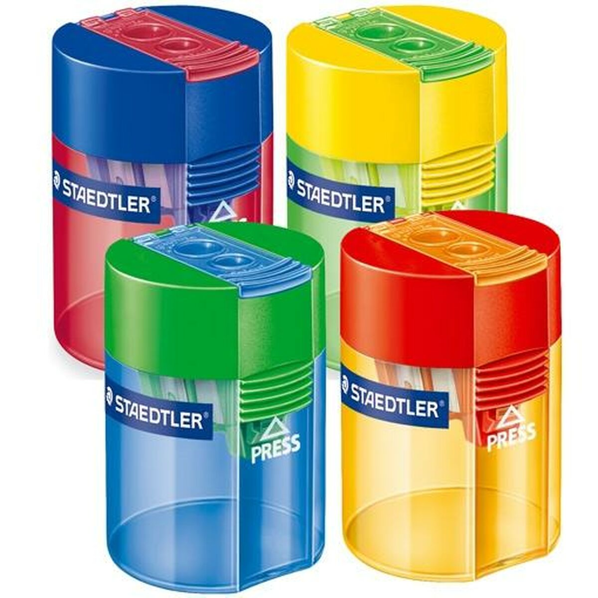 Vier farbige Bleistiftanspitzer. Jeder Spitzer hat eine andere Farbe: rot, blau, grün und gelb.