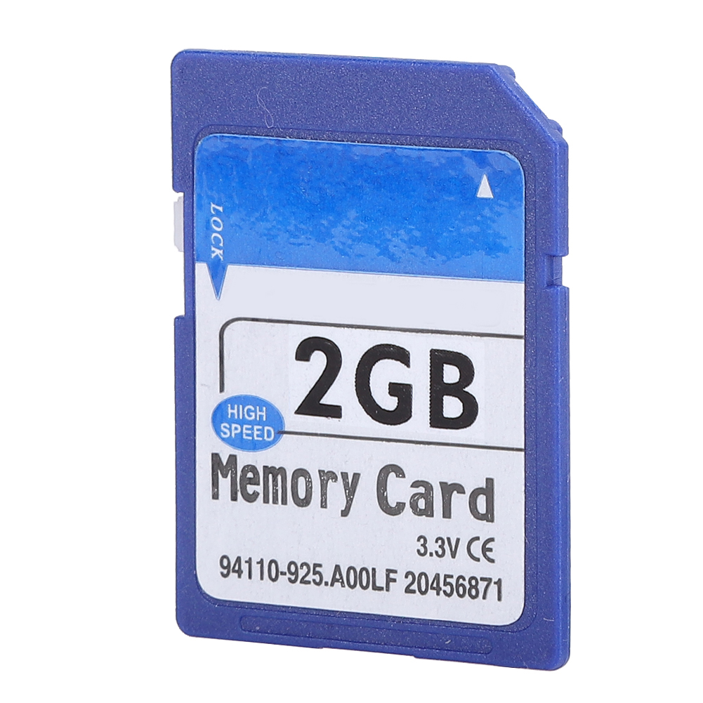 Eine blaue 2GB-Speicherkarte. Die Karte hat Text und Etiketten, einschließlich '2GB' und 'High Speed'.