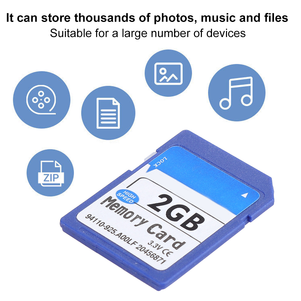 Blaue Speicherkarte, 2GB, mit Icons von Dateien, Fotos, Video und Musik, auf weißer Oberfläche.