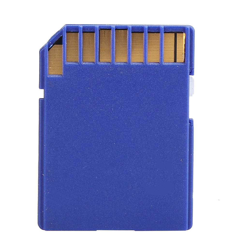 Blaue SD-Karte mit goldenen Anschlüssen, isoliert auf weißem Hintergrund.