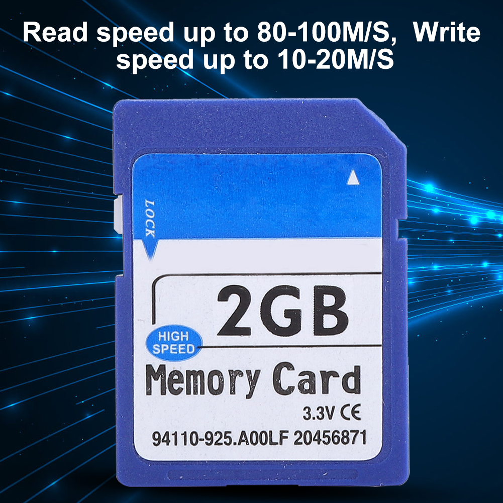 Eine blaue 2GB-Speicherkarte mit Text, einschließlich '2GB' und 'High Speed', vor blauem Hintergrund.