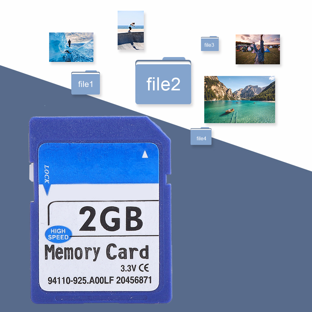 Eine blaue 2GB-Speicherkarte mit weißem Etikett. Es gibt Bildsymbole mit blauem Hintergrund.