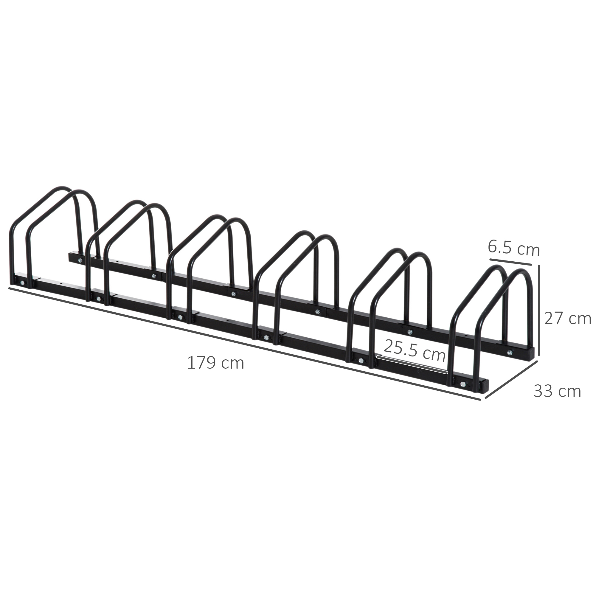 Fahrradständer-Detail. Schwarzes Metall mit beschrifteten Abmessungen. Weißer Hintergrund.