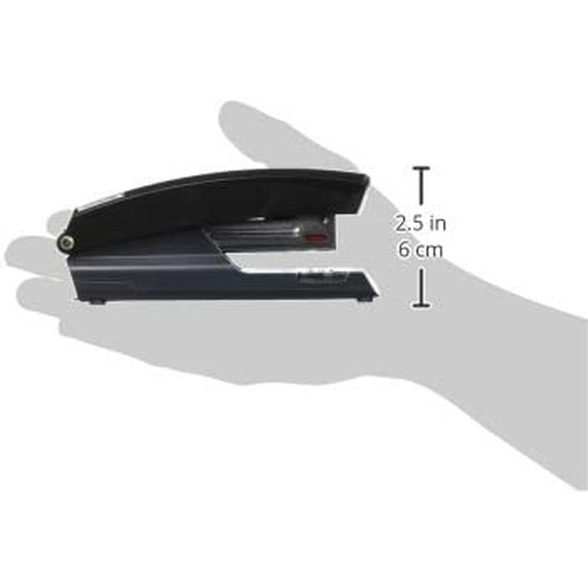 Ein Tacker wird in einer Hand gezeigt. Der Tacker ist schwarz und grau.