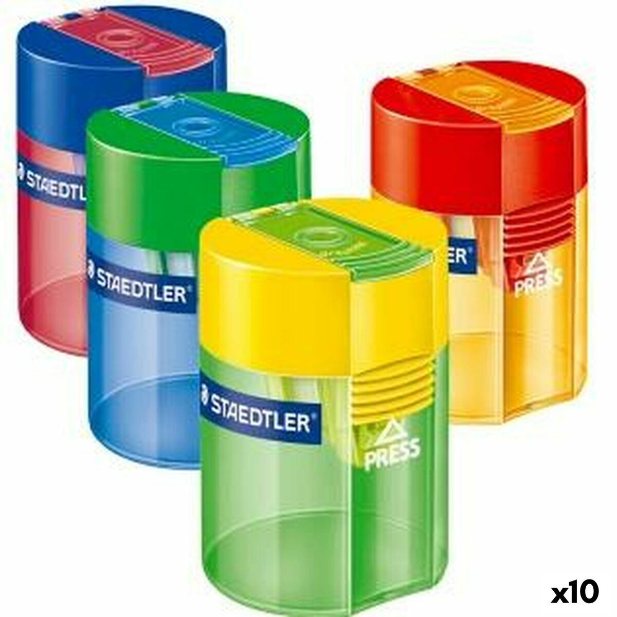 Vier Anspitzer in verschiedenen Farben: Blau, Grün, Gelb und Rot. Sie sind zylindrisch.