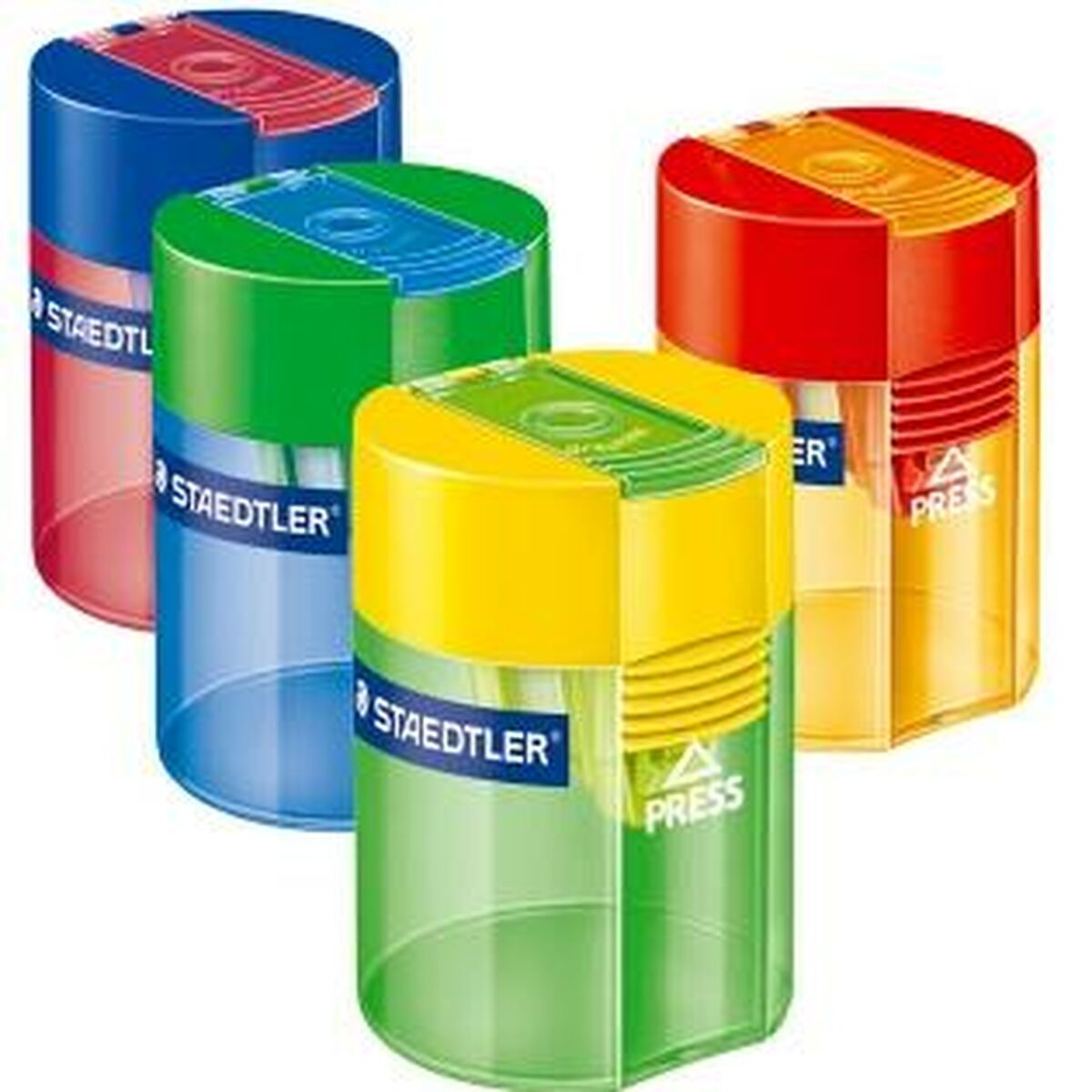 Vier Anspitzer in verschiedenen Farben: Blau, Grün, Gelb und Rot. Sie sind zylindrisch.