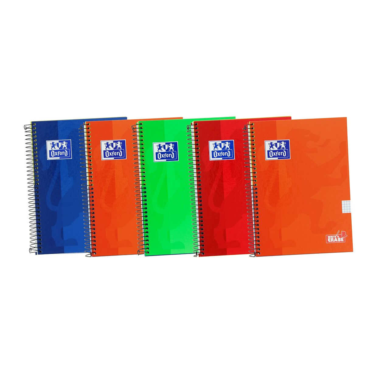 Fünf Spiralnotizbücher in Rot, Orange, Grün und Blau. Sie sind geschlossen.