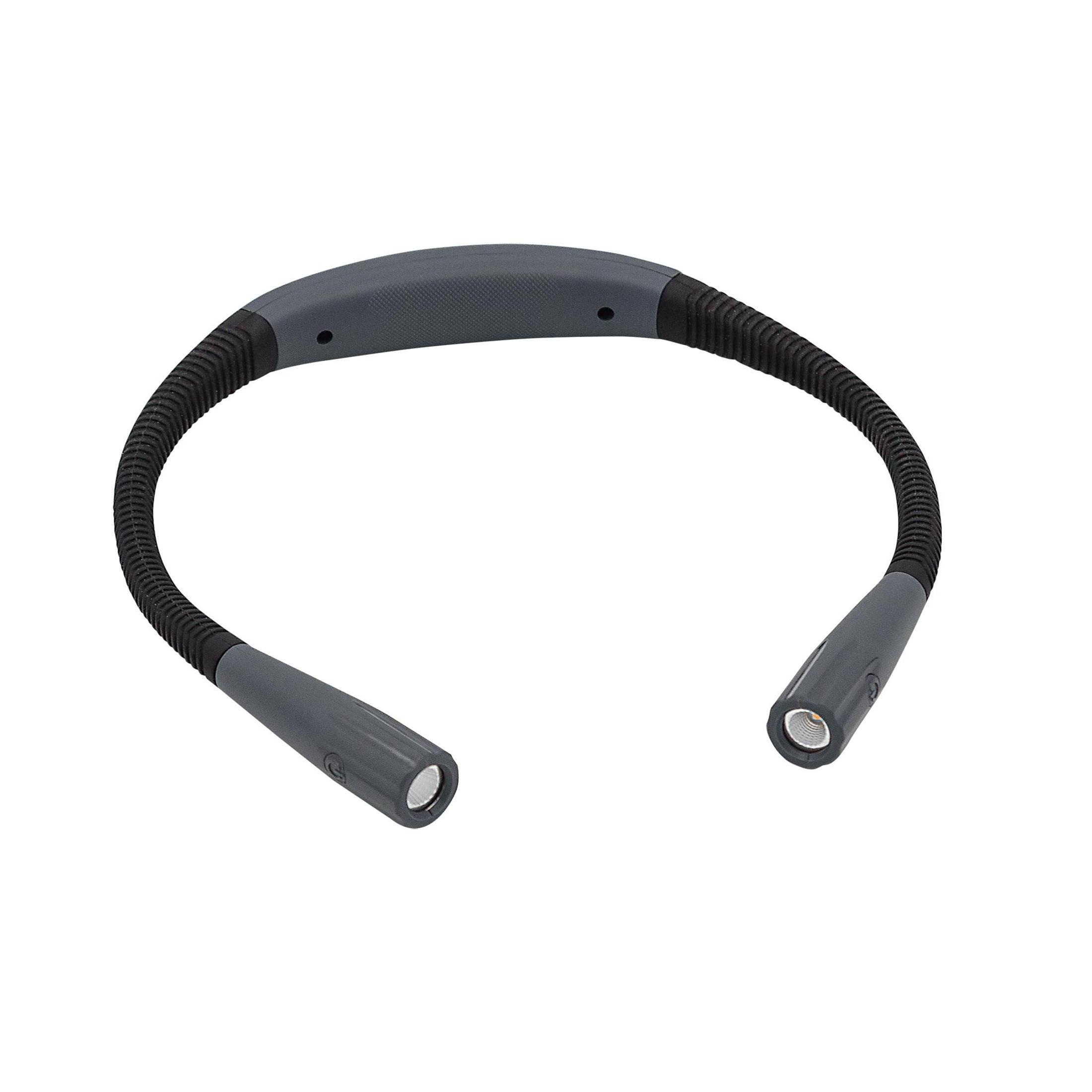 Czarna i szara, noszona lampa na szyję z dwoma światłami LED, na białym tle.