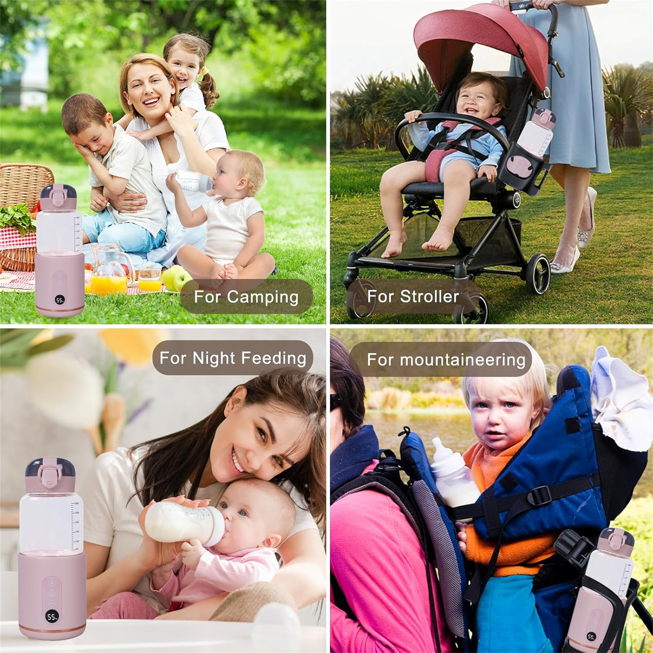 Bilder von Menschen, die eine rosa Wasserflasche zum Camping, für den Kinderwagen, zum nächtlichen Füttern und für Bergsteigen verwenden.