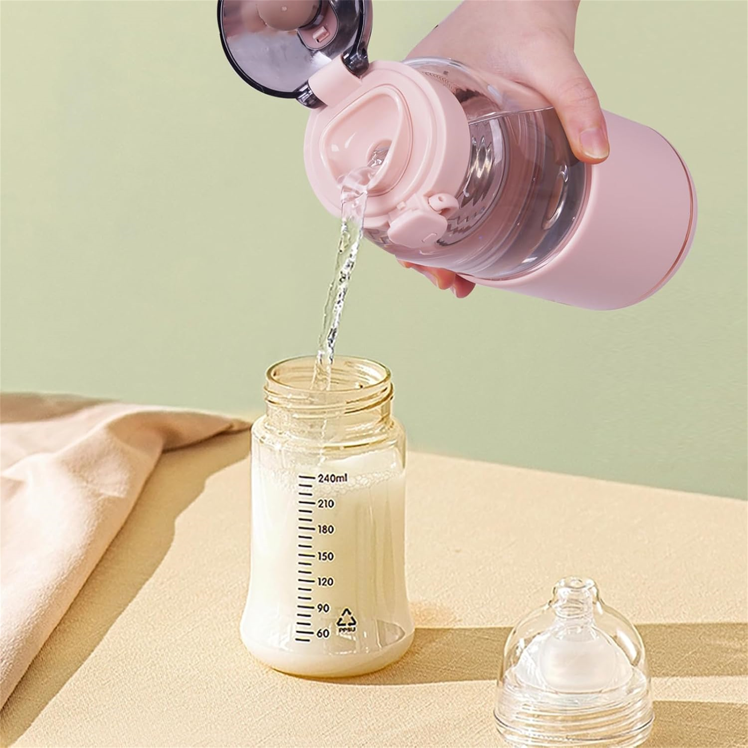 Eine Person gießt Wasser aus einer rosa Flasche in eine Babyflasche. Die Babyflasche ist mit Messungen markiert.