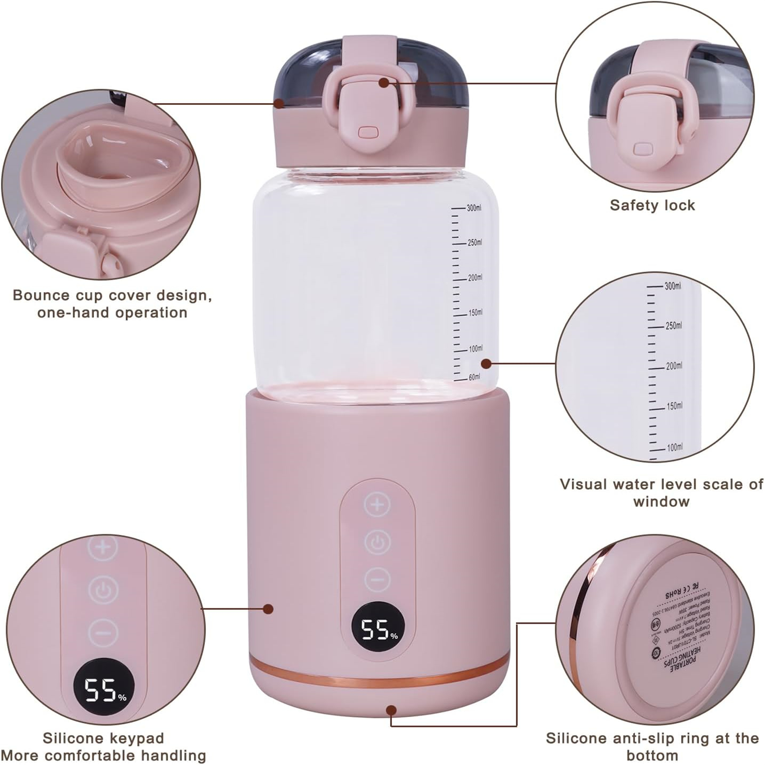 Eine rosa Wasserflasche mit Funktionen wie Federdeckel, sichtbarem Wasserstand, Silikontastatur und Anti-Rutsch-Ring.