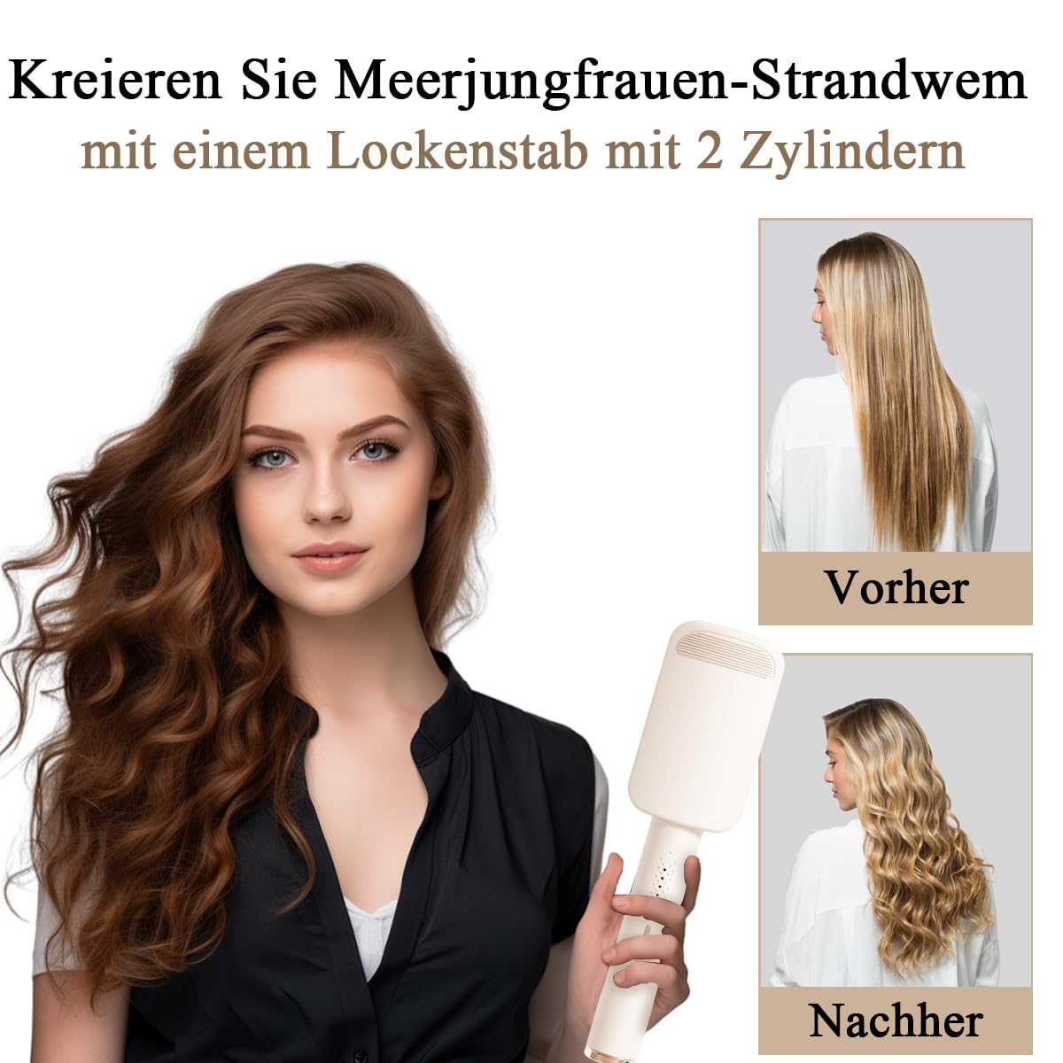 Frau mit welligem Haar hält einen Lockenstab. Bilder mit Vorher/Nachher-Haar.