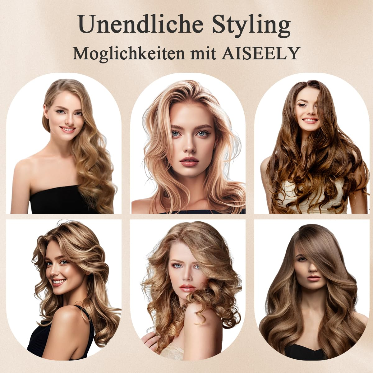 Frauen mit verschiedenen Frisuren. Werbung für Haarstyling-Produkte. Beigefarbener Hintergrund.