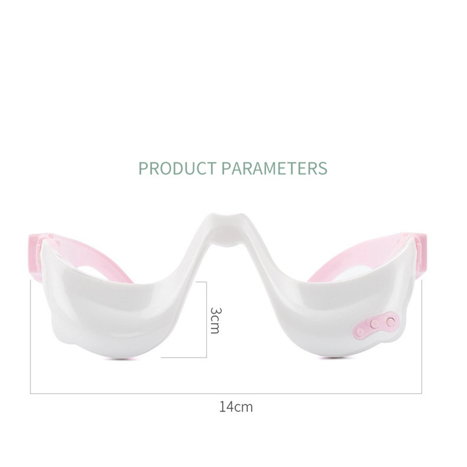 Rosa-weiße Augenmassagebrille mit Abmessungen, OBEN steht PRODUKTPARAMETER.