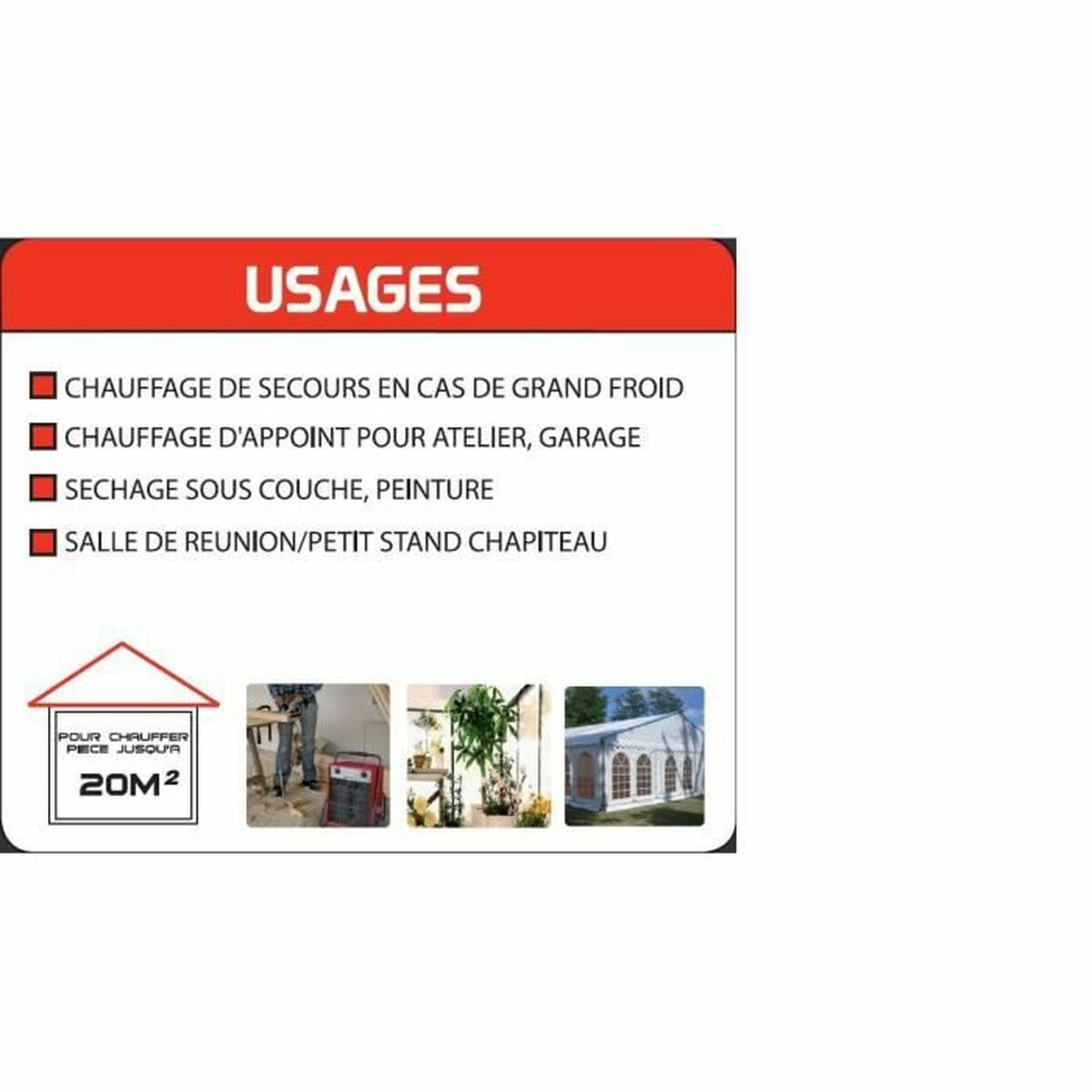 Una scatola bianca con testo sugli usi del riscaldamento: emergenza, officina, essiccazione e sala riunioni.