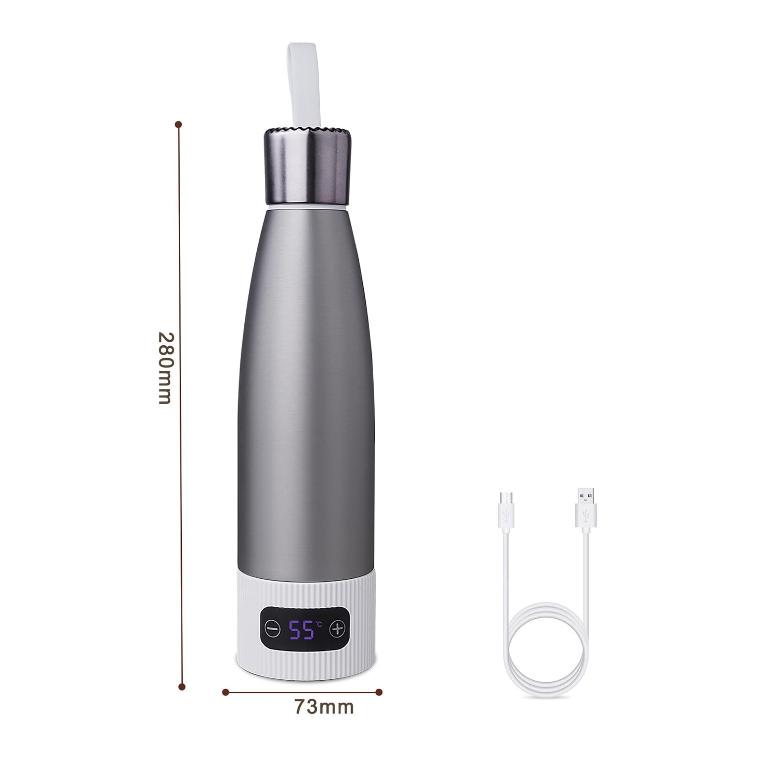 Eine silberne Wasserflasche mit weißem Sockel, Digitalanzeige und Ladekabel.