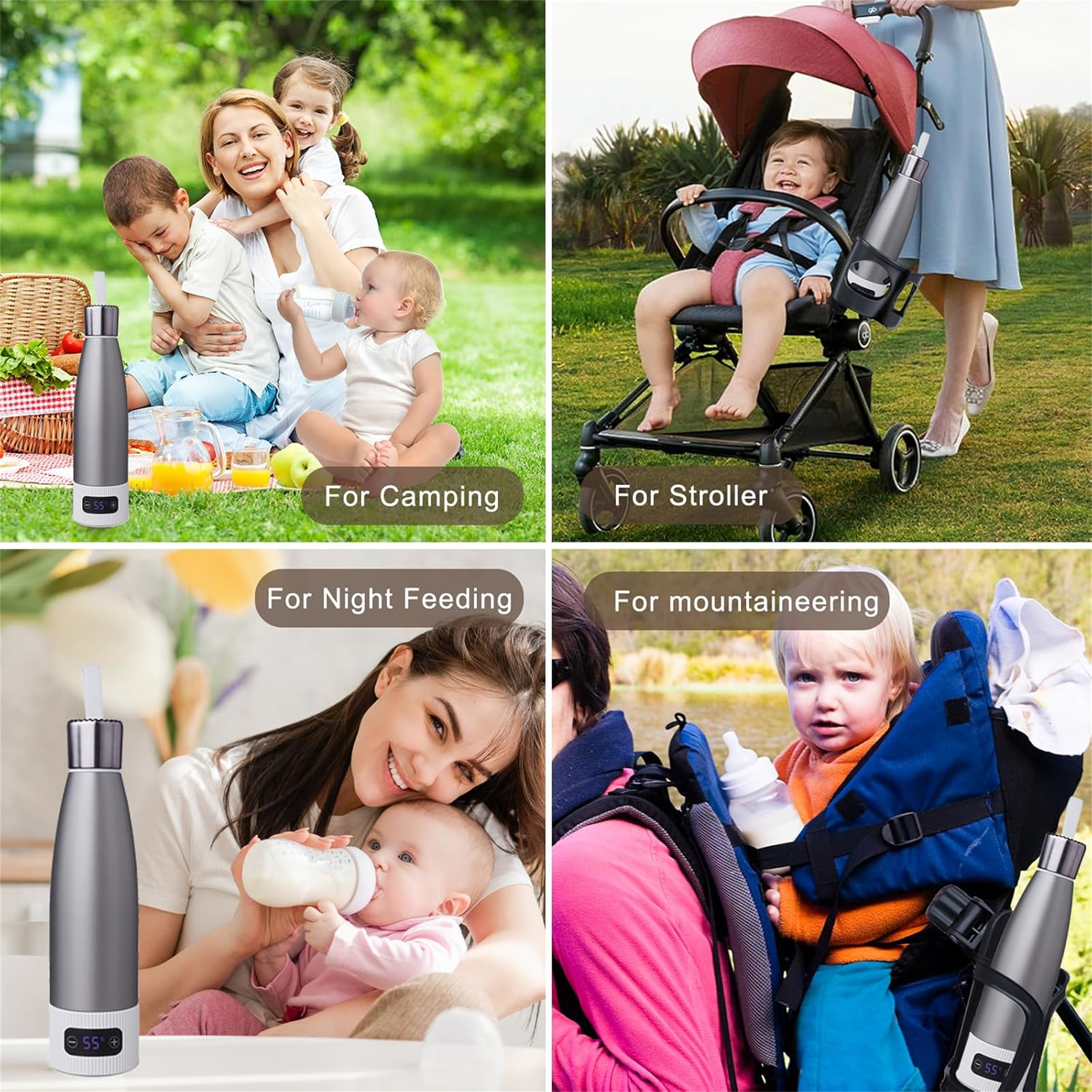 Vier Bilder, die die Verwendung einer grauen Flasche für verschiedene Szenarien zeigen, darunter Camping und Nachtfütterung.