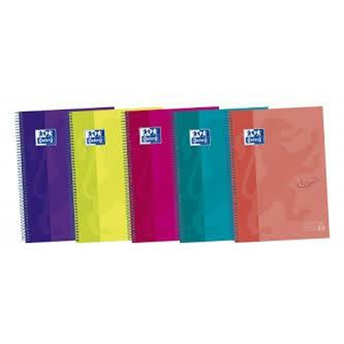 Fünf Notizbücher in verschiedenen Farben mit dem Oxford-Logo oben links.