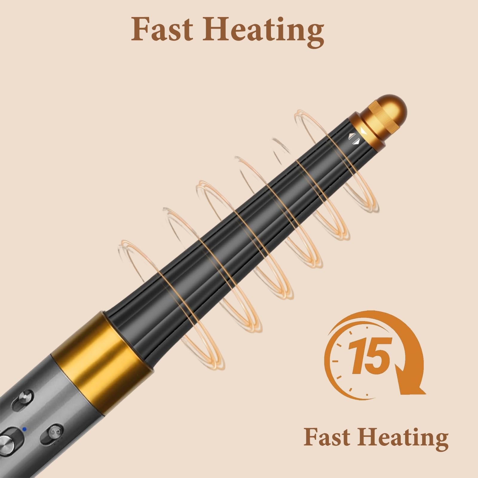 Haarcurler, schwarz und gold, mit Heizwellen. Der Text lautet "Schnelles Aufheizen" und "15".