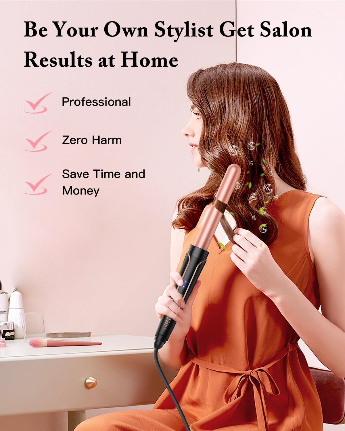 Frau stylt Haare mit Lockenstab. Text: 'Sei dein eigener Stylist', 'Professionell', 'Ohne Schaden'.
