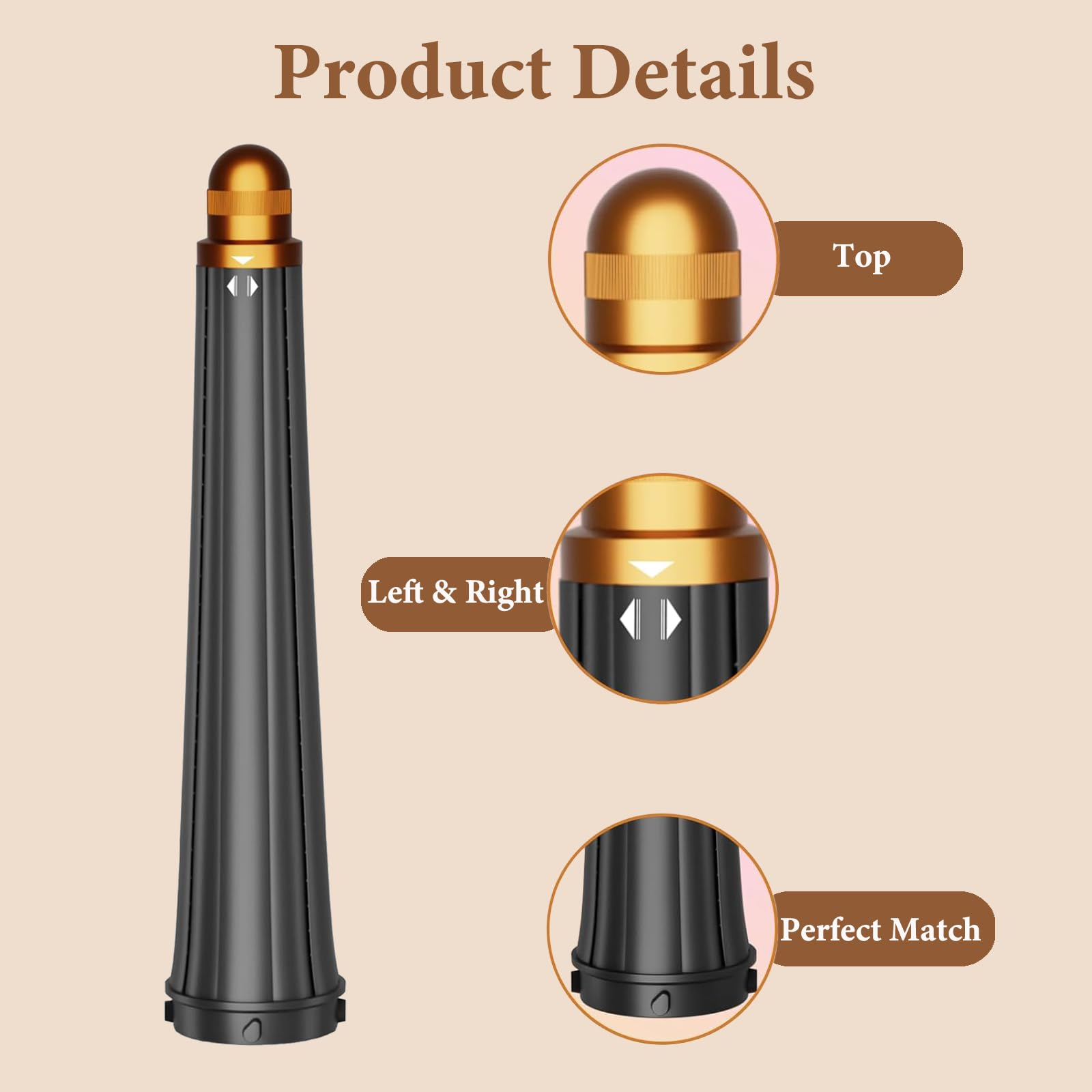 Schwarz-goldenes Haarstyling-Tool mit Detailansichten: oben, links & rechts und perfekter Übereinstimmung.
