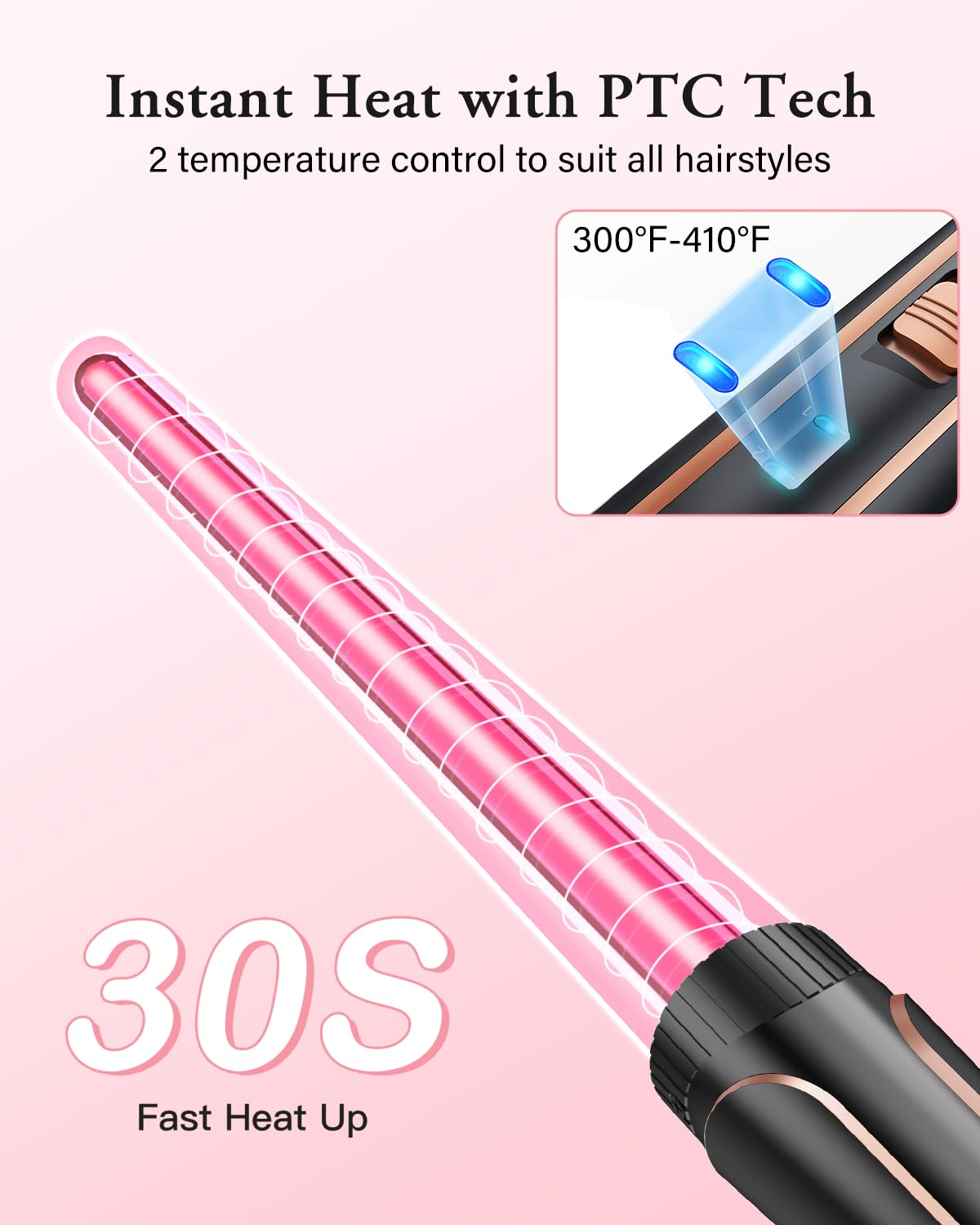 Ein rosa glühender Lockenstab mit einer Grafik, die einen Temperaturbereich von 300-410F und 30 Sekunden schnelles Aufheizen zeigt.