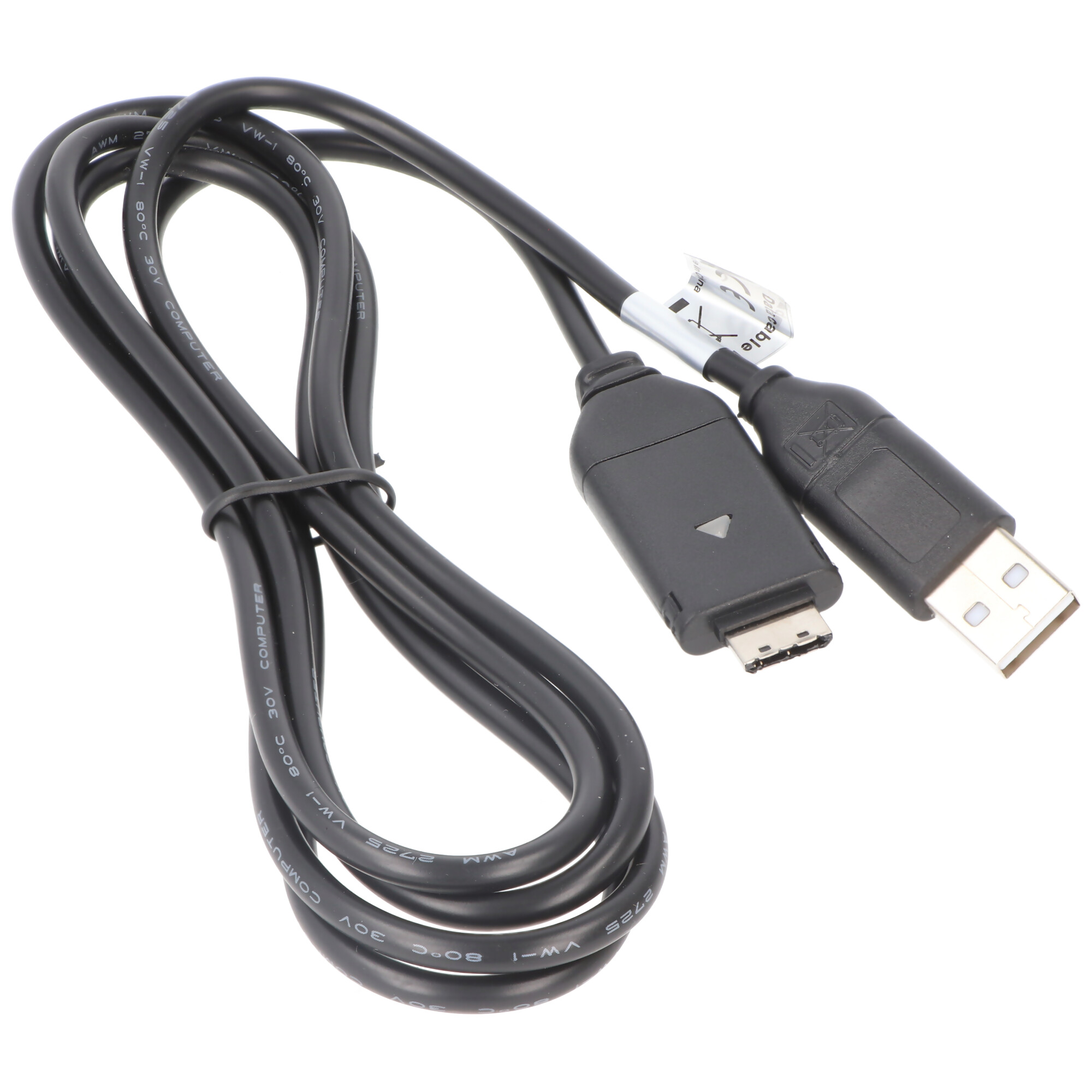 Black USB cable with a USB-A and a smaller connector, angled view.