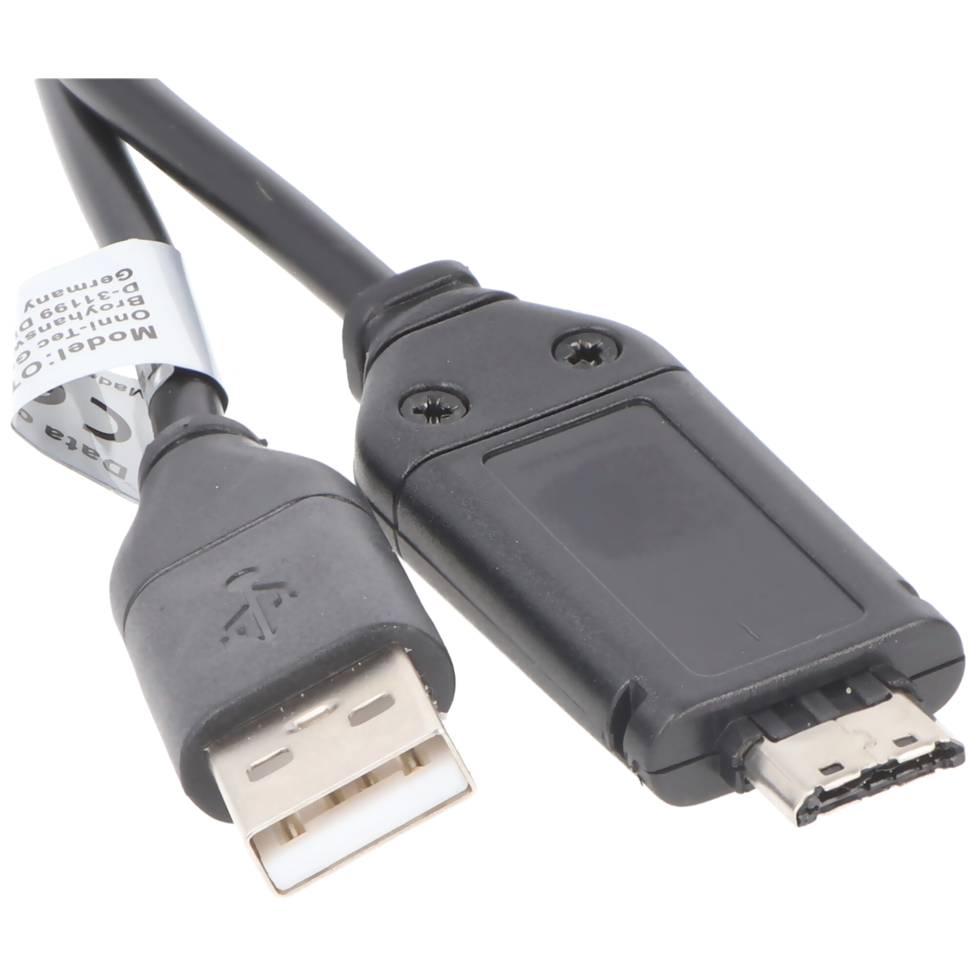 Close-up of a black USB cable. USB-A and smaller connector are visible.