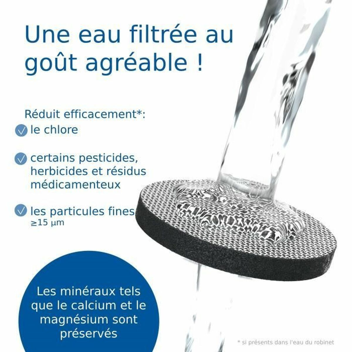 L'immagine mostra un filtro, testo sulla filtrazione dell'acqua e minerali. Riduce cloro, pesticidi e altro.