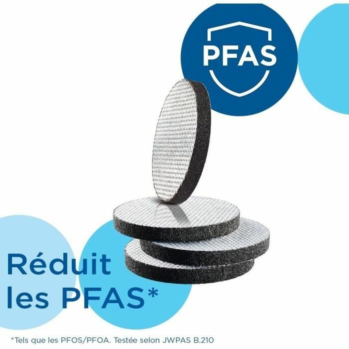 Dischi filtranti per l'acqua con testo che menziona la riduzione dei PFAS e uno sfondo blu.
