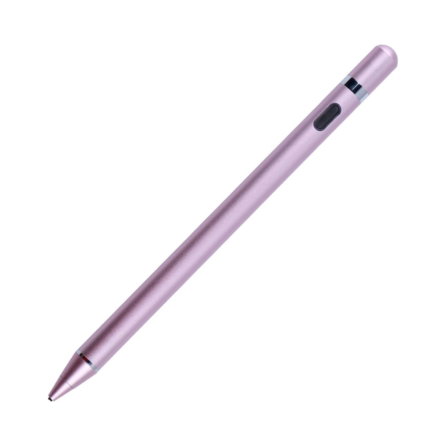 Rosa Stift auf weißem Hintergrund. Langer, schlanker Stift mit kleinem schwarzem Knopf.