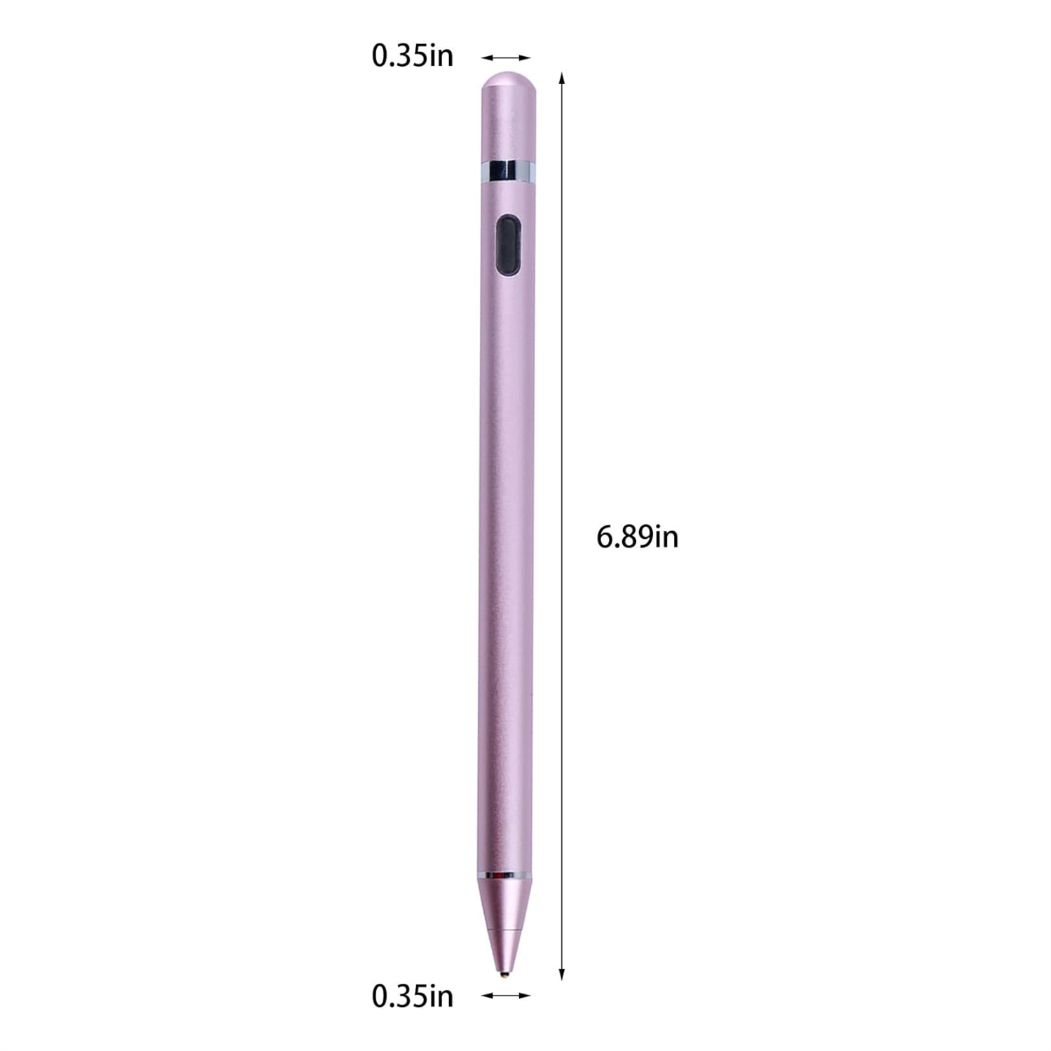 Rosa Stift mit Messungen, zeigt 0,35 Zoll Breite und 6,89 Zoll Länge, auf weißem Hintergrund.