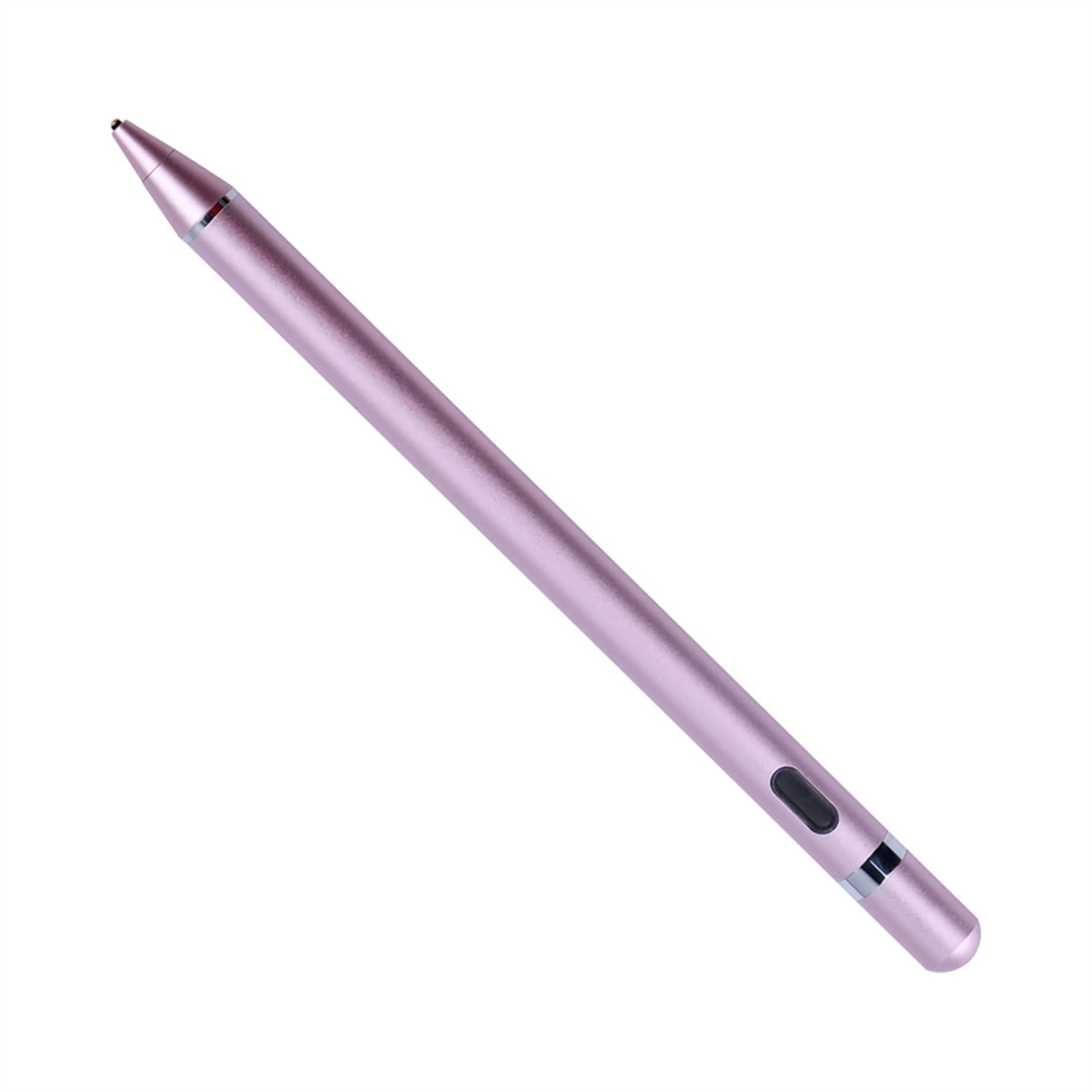 Rosa Stift auf weißem Hintergrund. Mit schwarzem Knopf. Das Design ist schlank und modern.