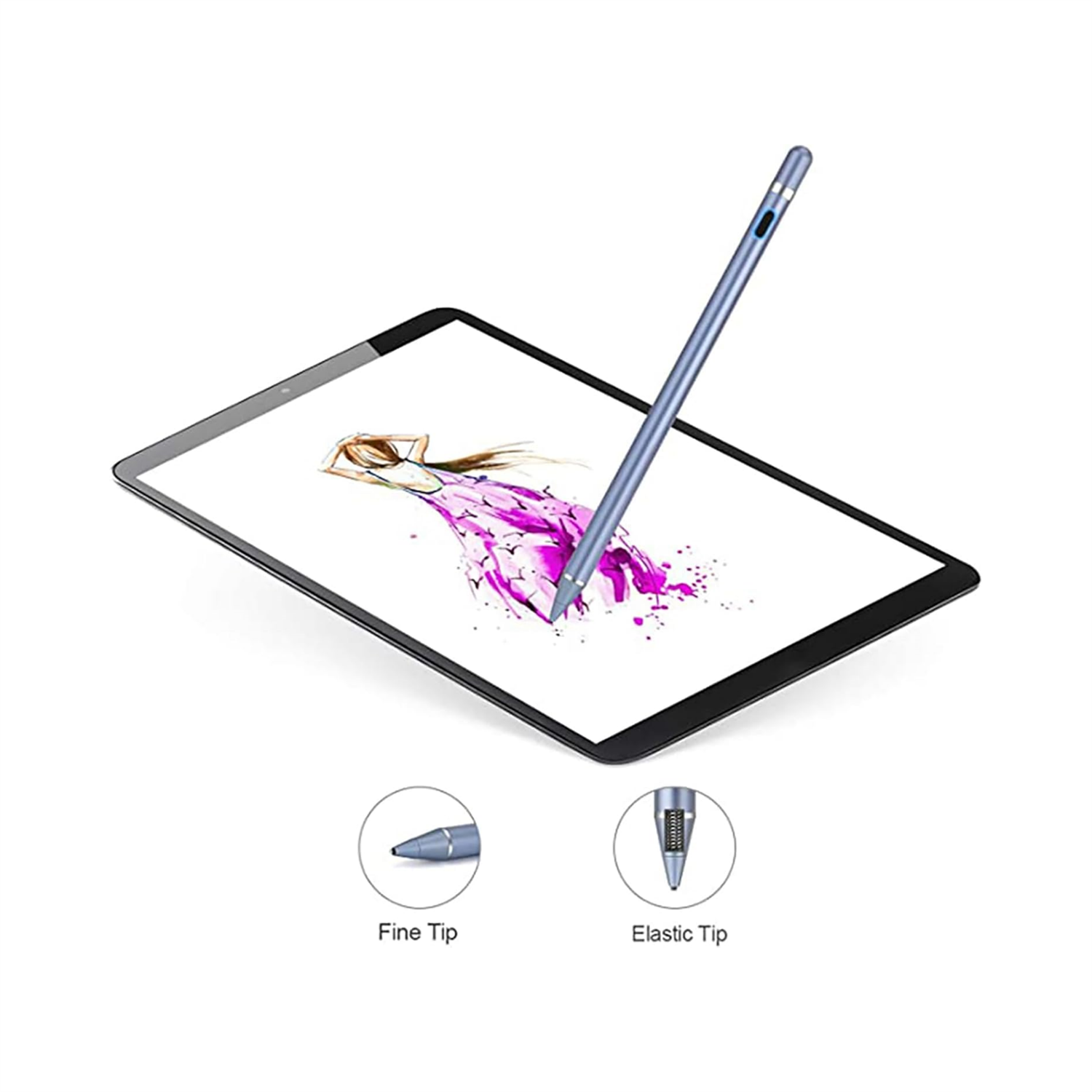 Stift auf Tablet mit Zeichnung. Feine und elastische Spitzen gezeigt. Hintergrund ist schlicht weiß.