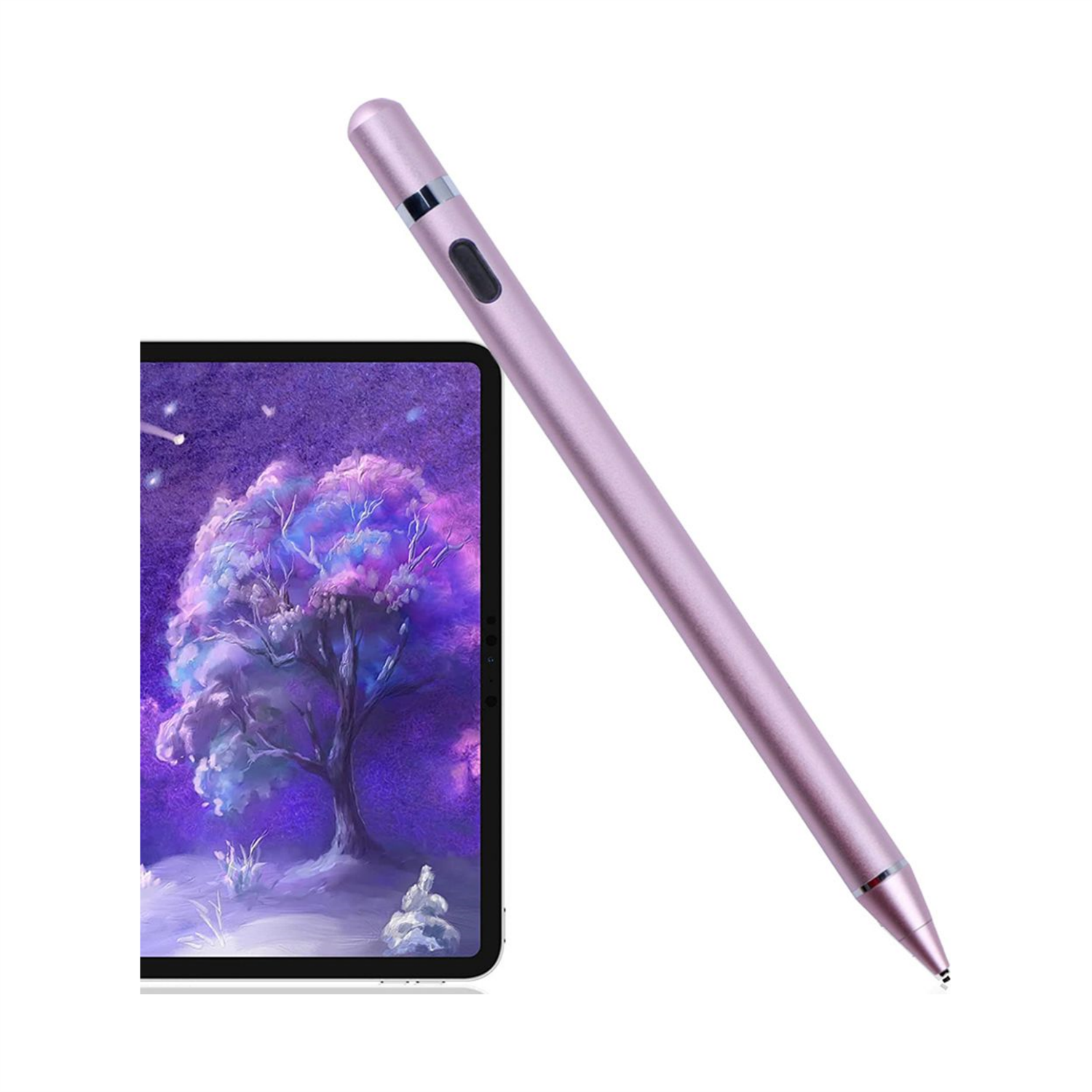 Rosa Stift mit Bildschirm, der einen lila Baum zeigt, auf weißem Hintergrund.