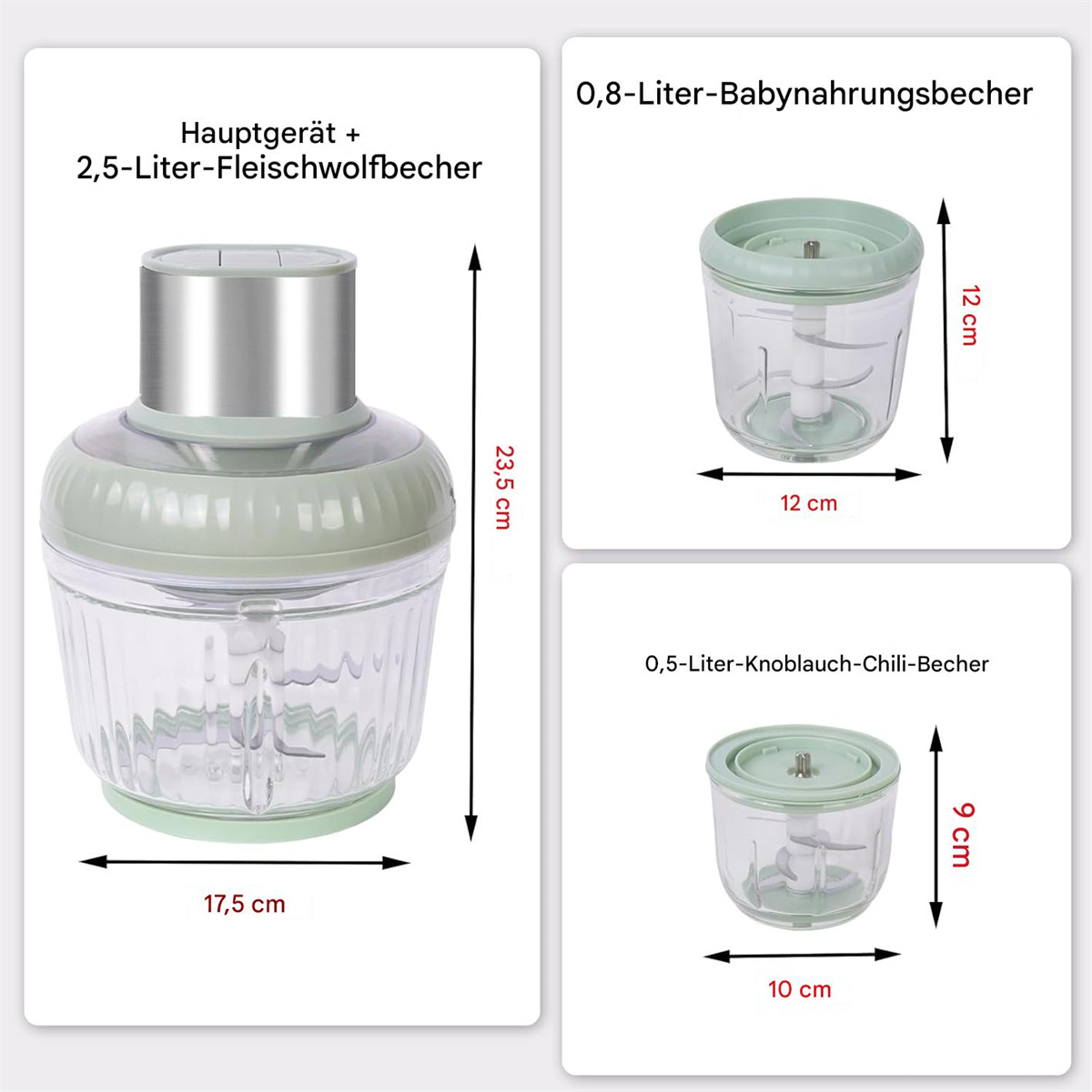 Drei Bilder, die ein Küchengerät mit Abmessungen und verschiedenen Behältern zeigen.